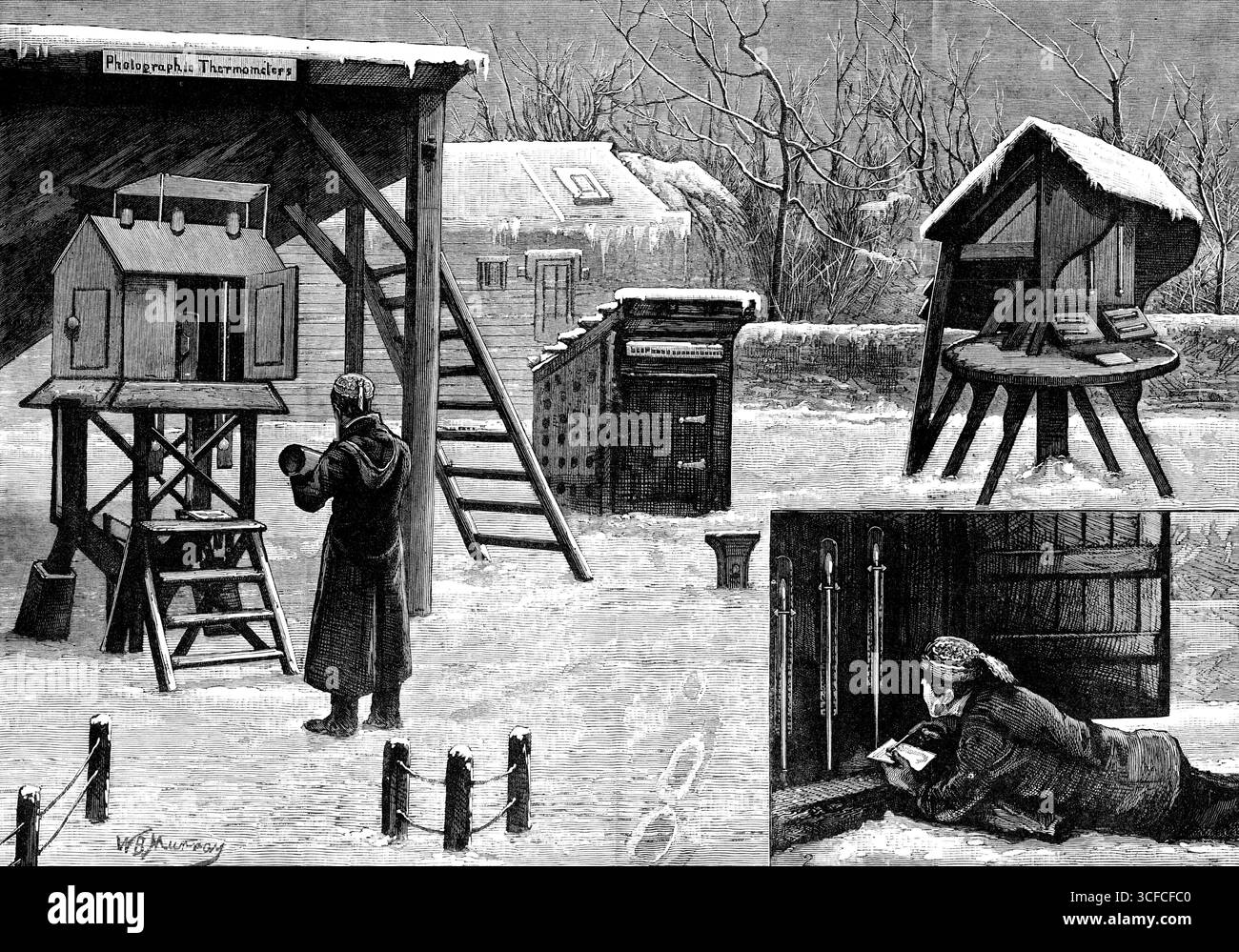 Greenwich Observatory: Fotografare la temperatura; metodo di lettura dei termometri a immersione profonda, 1881. '...apparecchi forniti presso l'Osservatorio reale, per scopi meteorologici e astronomici...nelle camere sotterranee qui chiamate "il basamento magnetico", i fenomeni del magnetismo terrestre sono fatti per registrarsi dalla fotografia; la declinazione e la variazione della bussola, le variazioni della forza magnetica orizzontale, e quelle della forza magnetica verticale, ciascuno con strumenti separati...il barometro, e allo stesso modo il termometro, sono qui fatti anche per r Foto Stock