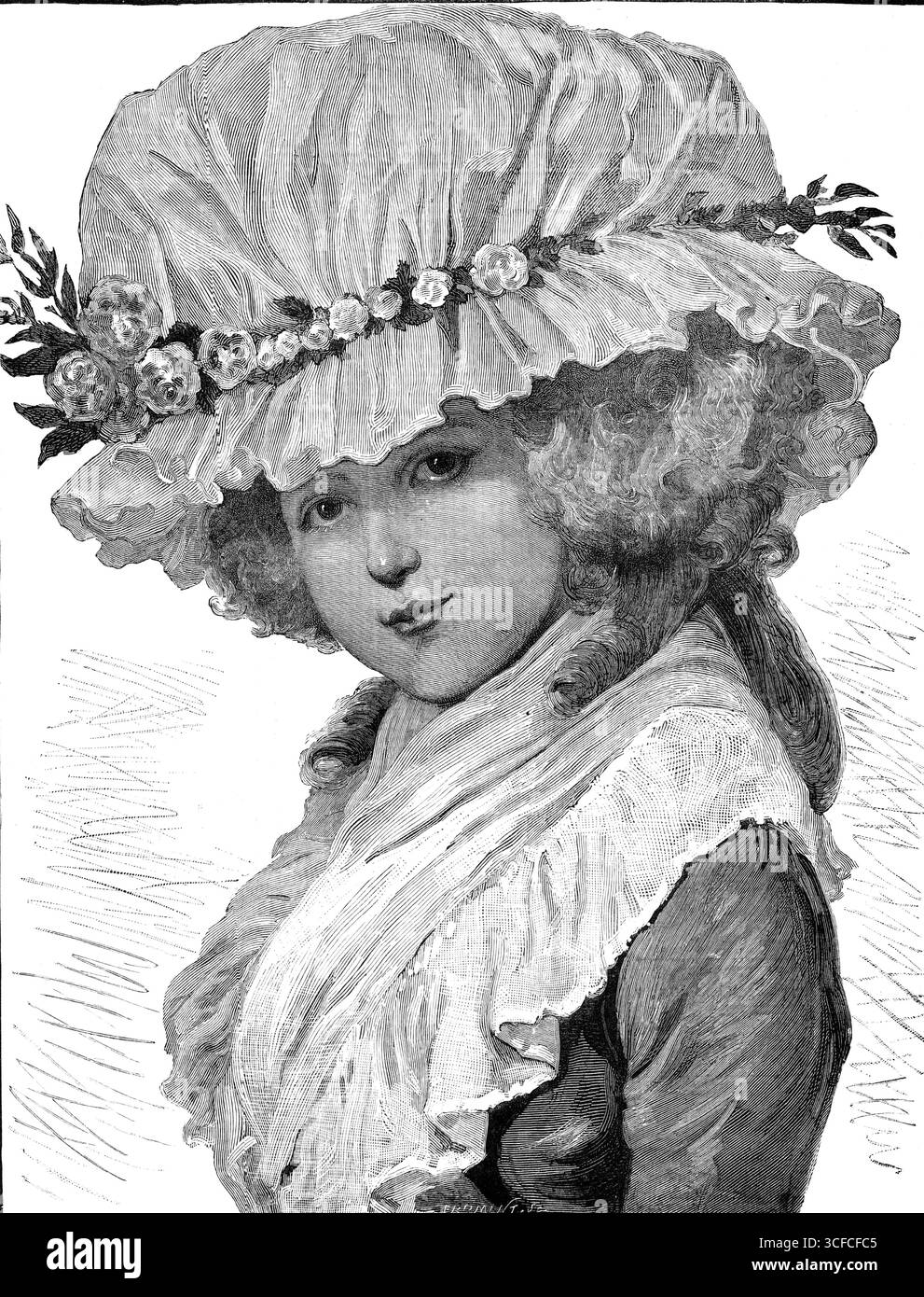 "Morning" di L. Rossi, alla galleria dei signori A. Tooth and Sons, Haymarket, 1881. Questa foto, del talentuoso artista italiano L. Rossi, è stata ammirata dai visitatori della Galleria d'Arte del signor A. Tooth, ma è stata incisa per la nostra prima pagina su permesso del proprietario, Mr. Everard, qualche tempo fa. Presenta alla vista del lettore un volto affascinante di un'infanzia femminile, la cui grazia è resa più vivace, come in alcune immagini di Mr. Millais di soggetti simili, dalla caratteristica stranezza di un vecchio vestito, adornato di rose. Un volto così travolgente del femminile giovanile Foto Stock