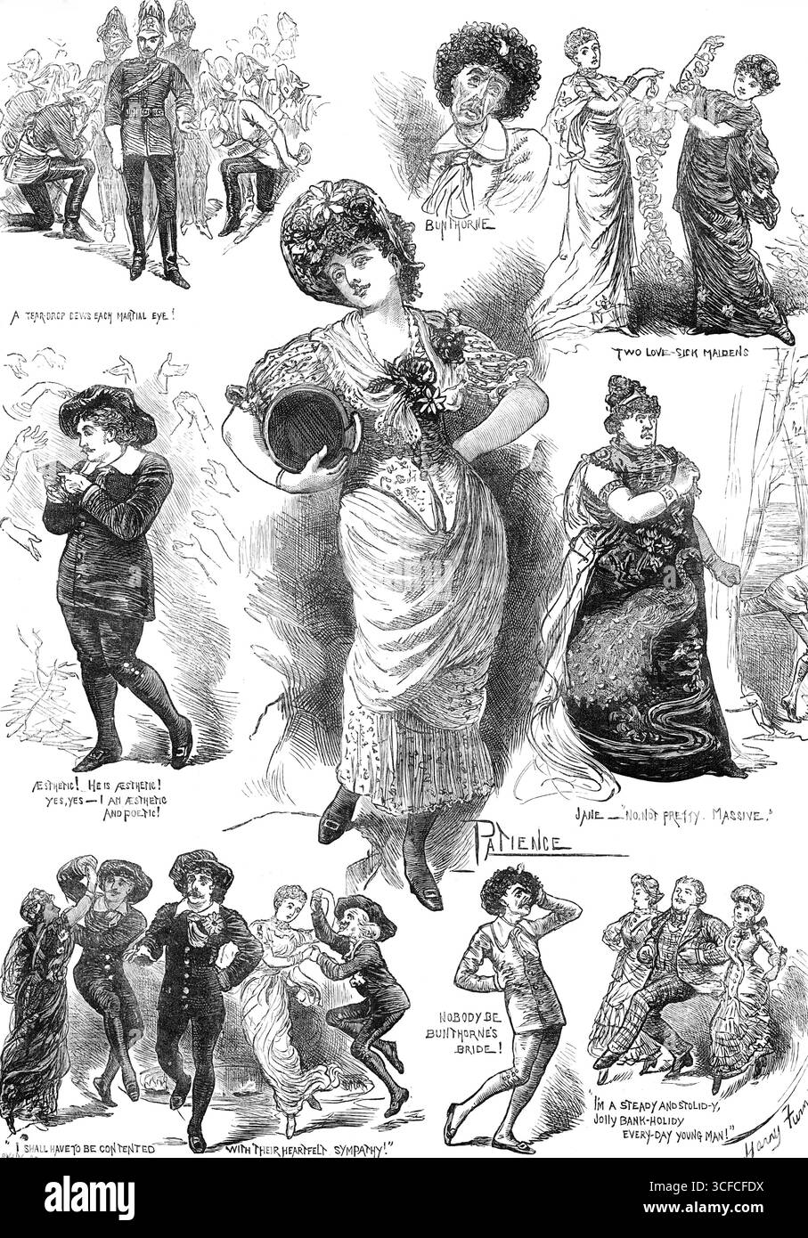 Schizzi di "Patience", all'Opera Comique, 1881. Spettacolo teatrale londinese satirico di Oscar Wilde, '...così abilmente scritto da Mr W. S. Gilbert, e squisitamente cantato da Mr. Arthur Sullivan... Un dews a goccia per ogni occhio marziale!; Bunthorne; due fanciulle ammalate; Estetica! Lui è estetico! Sì, sì - sono estetica e poetica!; pazienza; Jane - "No Non bella. Massive"; "dovrò essere contento della loro sincera simpatia!"; nessuno sia la sposa di Bunthorne!; "sono un uomo fermo e stolto e allegro, ogni giorno, un giovane sacro della banca!"...gran parte della satira è clea Foto Stock