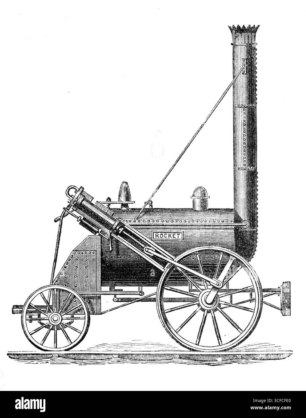 George Stephenson, padre delle Ferrovie: The Rocket, 1881. La prima locomotiva a vapore che vinse le prove Rainhill, tenutesi nell'ottobre 1829 per dimostrare che le locomotive migliorate sarebbero state più efficienti dei motori a vapore stazionari 'per la famosa prova, e il premio di £500, quattro motori sono stati inseriti nella "Novelty" di Braithwaite e Ericson, "Novelty" di Timothy Harkworth, "Sanspariel", "Rocket" di Stephenson and Company e la "perseveranza del signor Burstall, tuttavia, fu rinviata" Foto Stock