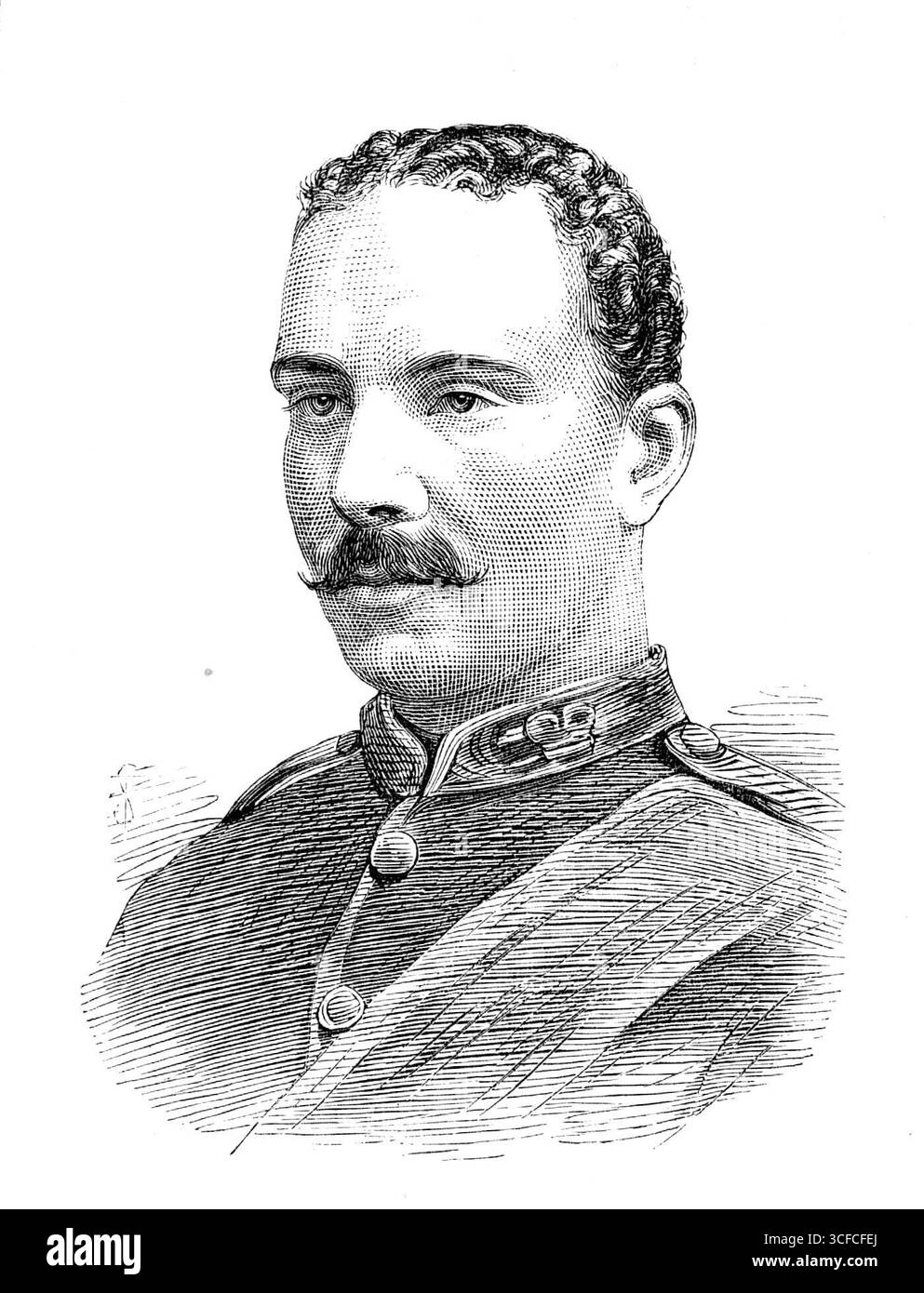 Il defunto capitano Nairne, 94th Regiment, 1881. Ufficiale ucciso nella guerra del Transvaal, '...in la prima azione contro i boeri, il 20 dicembre, quando un distaccamento di quel reggimento, sotto il tenente colonnello Anstruther, fu attaccato nella sua marcia da Lydenburg a Pretoria. Il capitano Nairne (Stanford Norman McLeod Nairne) nacque nel 1841, terzo figlio del defunto Alexander Darnley Nairne, Scudiero, J.P., di Kingston, Giamaica... entrò nell'esercito nel 1862, ottenne un certificato "extra" di prima classe di abilità a Hythe, e prestò servizio con il suo reggimento, il 94th, durante cinque anni in India, ritornando in patria Foto Stock