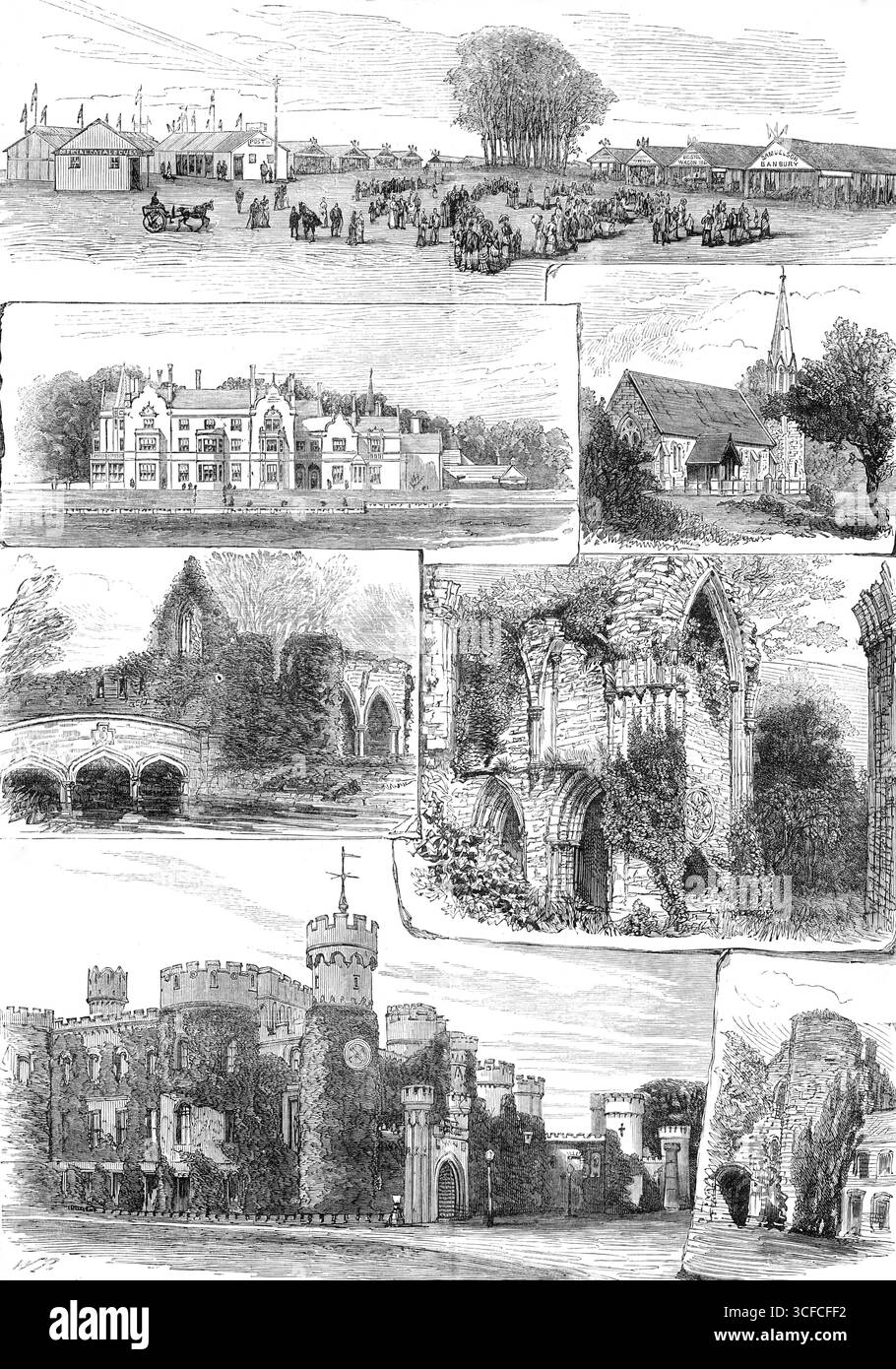 The Bath and West of England Agricultural Show a Tunbridge Wells, 1881. « 1. Ingresso allo Show-Yard. 2) Abbazia di Bayham. 3) il vecchio ponte di Bayham. 4) Bridge Castle. 5) Chiesa di Bayham. La vecchia abbazia, Bayham. 7) Tunbridge Castle...Eridge Castle, anche se non è un edificio antico, è situato in un demesne che è appartenuto alla famiglia di Lord Abergavenny (i Beauchamp Nevilles, grandi personaggi del Plantagenet regna) quasi cinquecento anni. La regina Elisabetta soggiornò sei giorni nel vecchio castello, nel 1578. Il parco è vasto e molto boscoso; le piantagioni di abeti sono straordinariamente belle. La villa di Bayh Foto Stock