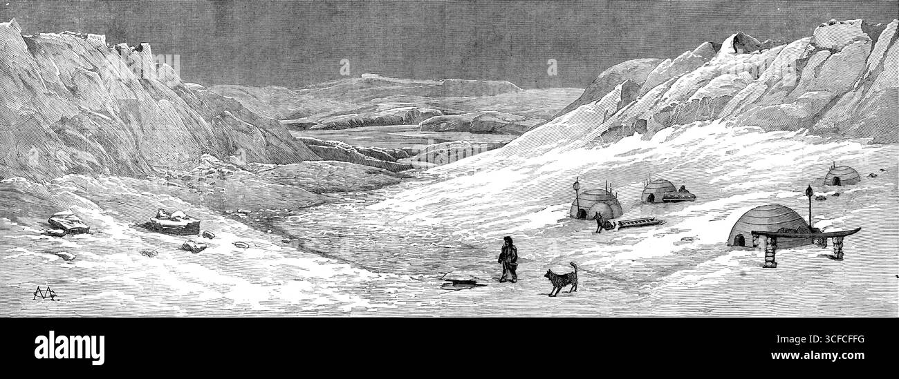 The American Franklin Search Expedition - scena sul fiume Hayes, Big Bend, 19 maggio 1879, (1881). Alcune illustrazioni aggiuntive di questo arduo viaggio e soggiorno di una festa esplorativa nelle regioni artiche, dagli schizzi del signor H. W. Klutschak... sono incise per l'attuale numero del nostro Journal. La spedizione [fu] allestita dalla New York Geographical Society...la sua slitta via terra che viaggiava, dalla costa settentrionale della Baia di Hudson allo stretto di Simpson, e attraverso lo stretto fino alla Terra di Re Guglielmo, con il lungo soggiorno in quel paese desolato, occupò undici mesi, incluso il Foto Stock