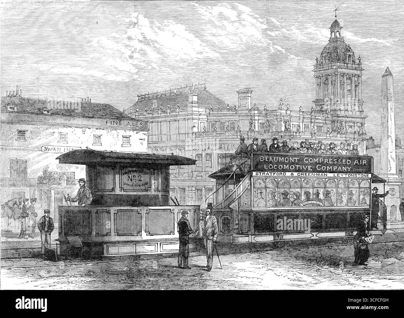 Motore ad aria compressa Beaumont, per tram, 1881. Invenzione del colonnello Beaumont, R.E. 'un passo importante... verso il funzionamento meccanico dei tram con l'introduzione del motore ad aria compressa Beaumont sulla diramazione di Stratford e Epping Forest della North Metropolitan Tramways... il compressore d'aria si basa su quello che è noto come il principio dello "stadio", l'aria viene compressa in una serie di cilindri di diametro progressivamente decrescente. Dai compressori l'aria viene condotta...verso la strada di Broadway...dove è presente un attacco flessibile per il riempimento del serbatoio su t Foto Stock