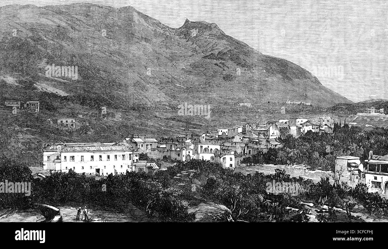 Casamicciola e Monte Epomeo, nell'Isola d'Ischia, Golfo di Napoli, 1881. "La bellissima isola di Ischia è stata visitata da un terribile terremoto, che ha causato grandi perdite di vite umane nella piccola cittadina di Casamicciola, località balneare preferita, in estate, per i napoletani e per i turisti stranieri...l'isola è lunga 11 km e larga 6 o 8 km, con il monte Epomeo che sorge al centro, e con alte scogliere sul versante sud e est... Casamicciola, sulla costa settentrionale... aveva tre o quattromila abitanti prima del recente disastro, di cui quasi trecento vivono Foto Stock