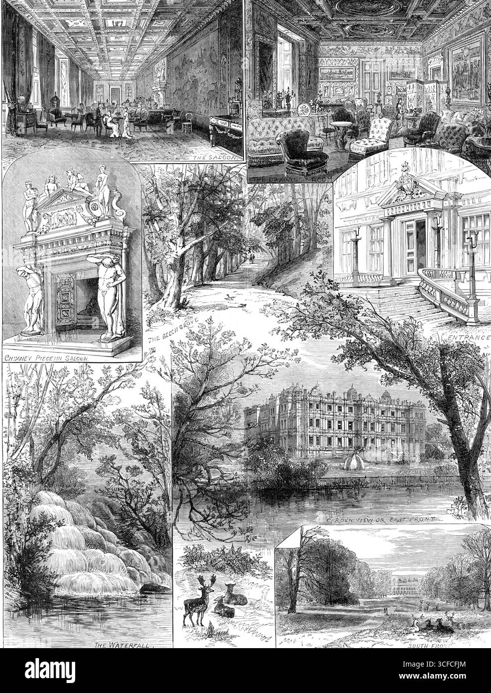Schizzi a Longleat, sede del Marchese di Bath, 1881. "The Saloon; The Drawing Room; Chimney Piece in Saloon; The Beech Grove; Entrance; The Waterfall; Garden View o East Front; South Front...Longleat...è una delle più magnifiche case di campagna in Inghilterra. L'antenato di Lord Bath, Sir John Thynne, al tempo di re Edoardo vi, essendo segretario del conte di Hertford, poi duca di Somerset e protettore del regno, ottenne grandi concessioni di terre confiscate nella chiesa del Wiltshire. In seguito sposò una grande ereditiera cittadina, l'unica figlia di Sir Richard Gresham e sorella del re Foto Stock