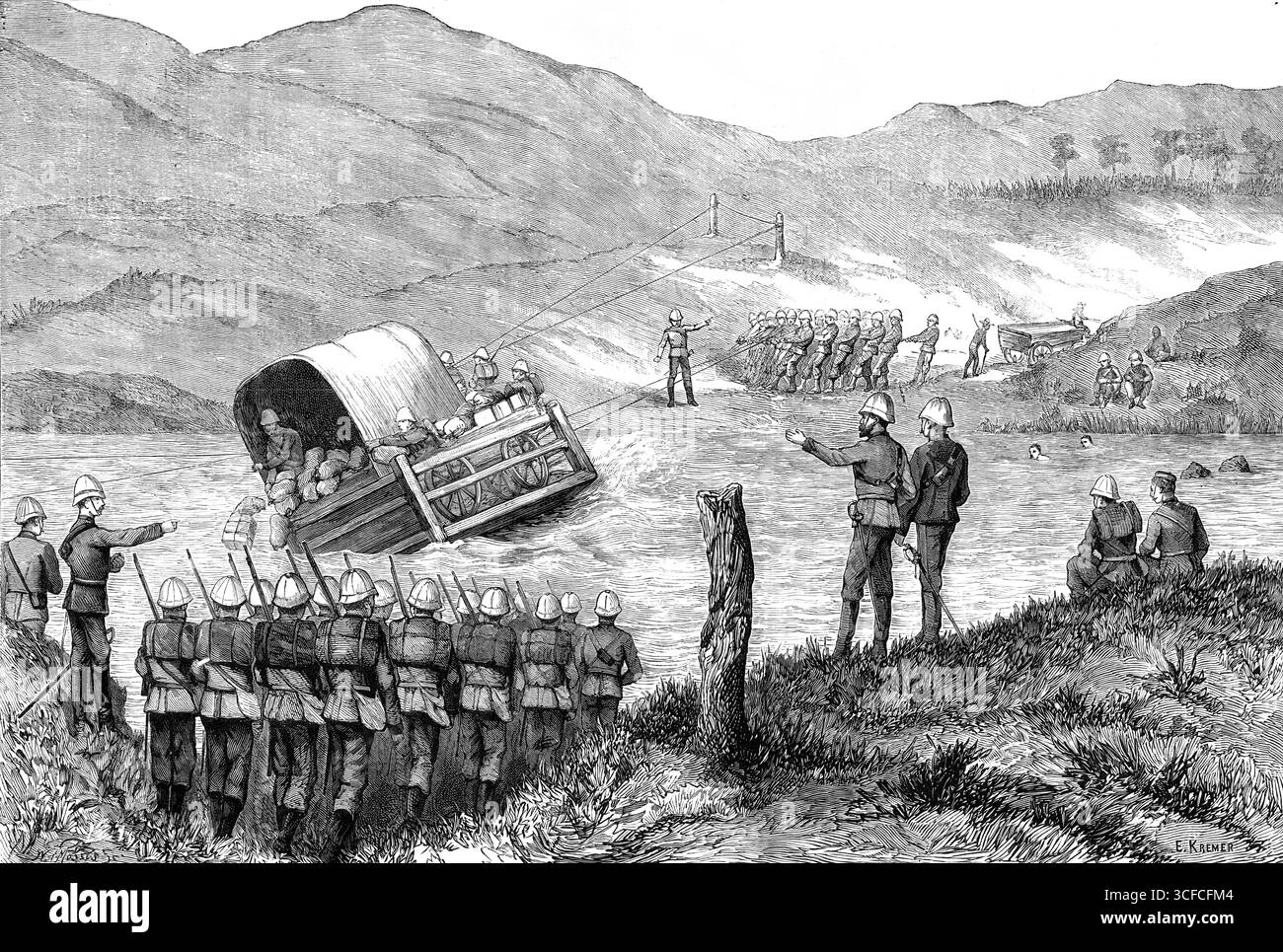 La guerra del Transvaal: Capsizing of the pont on the Incangua River, vicino Newcastle, 1881. Incisione da un '...Sketch, del capitano Ernest Thurlow, 60th Rifles, Natal Field Force, [mostrando] un incidente della marcia su, da Pietermaritzburg a Newcastle, il 16 gennaio, nell'attraversamento del fiume Incangua, vicino all'ultimo posto chiamato. Questo fiume, come molti altri sulle strade principali del Sud Africa, è ancora sconnesso, e di solito è attraversato da un guado, o "deriva", come lo chiamano in quel paese. Ma dopo forti piogge, mentre poi si solleva molto rapidamente, viene utilizzato un "pont", con corde trainate da uomini o Foto Stock
