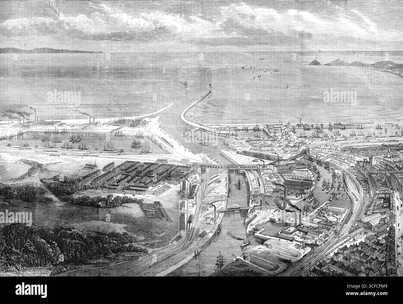 Visita reale a Swansea: Porto e moli di Swansea, 1881. '...il nuovo East Dock [ospiterà] una classe più grande di navi a vapore in quel crescente porto commerciale...i lavori sono stati progettati e realizzati sotto la direzione di James Abernethy, C.E. l'intero costo sarà almeno &#xa3;300,000... Un grande bacino di carenaggio, che si apre dal molo principale, verrà immediatamente eseguito. Sono forniti gli apparecchi più finiti per lavorare i banchine e per gestire le particolari spedizioni del porto. Una volta completato il nuovo molo, Swansea avrà un blocco di 100 piedi. più lungo di ogni altro Foto Stock