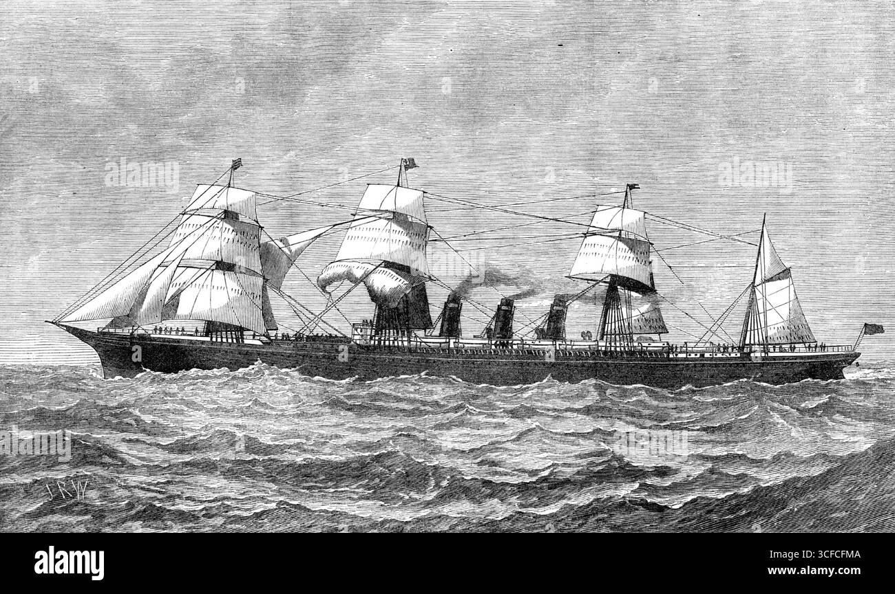 La nuova nave a vapore Inman City of Rome, per Liverpool e New York, 1881. "Questa nuova nave... è stata costruita a Barrow-in-Furness, dalla Barrow Shipbuilding Company... la potenza indicata per il suo cavallo è di 10.000... il telaio di poppa o il palo, la più grande forgiatura singola mai realizzata per questo scopo, pesa 33 tonnellate. Due dei ponti sono completamente di ferro...La costruzione di questa grande nave consente di raggiungere Un'elevata velocità, diciotto nodi all'ora, unita a comfort e sicurezza. Viene guidata attraverso l'acqua da un'elica di 24 piedi. di diametro lavorato da tre serie di motori "tandem" invertiti. Foto Stock