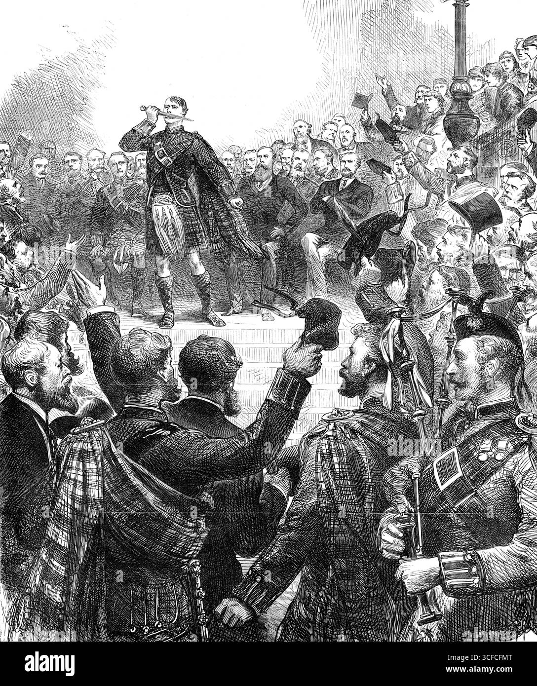 Incontro a Stafford House per protestare contro il cambiamento dei tartan dei reggimenti delle Highland, 1881. "Si è tenuto un grande ed entusiasta incontro... per protestare contro i cambiamenti... contemplati dal War Office...[l'illustrazione mostra il momento] in cui Lord Archibald Campbell, con azione seria e voce tremante con emozione, giurò sul suo dirk disegnato di preservare il tartan. Mentre l'arma veniva fatta circolare per essere baciata dai Mac Intosh, che occupavano la sedia, il Duca di Sutherland, il Duca di Athole, Lord Elcho, Donald Currie e altri, il pubblico... scoppiò in un grido irreprensibile Foto Stock