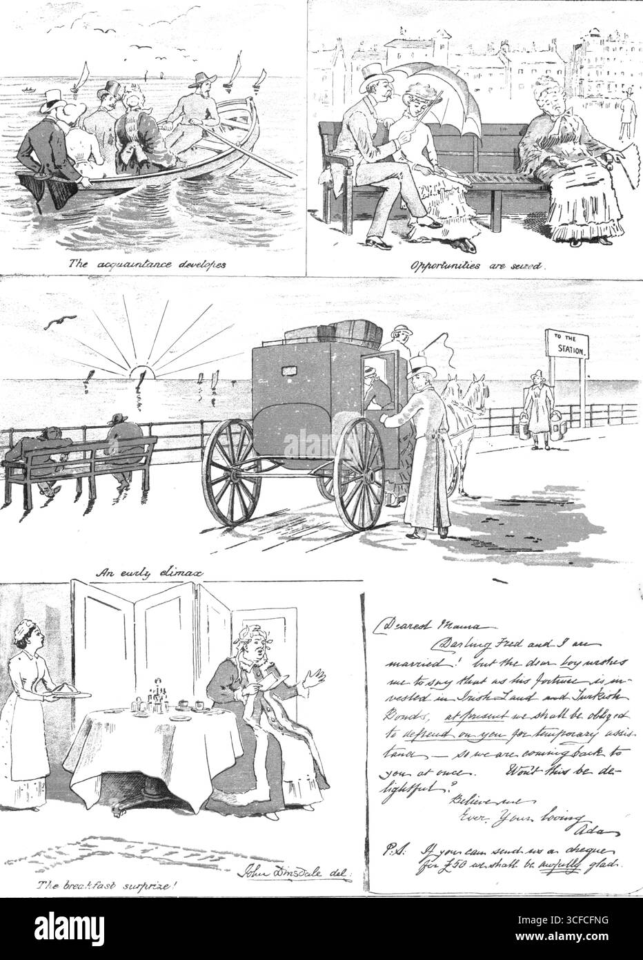 A Seaside Romance, 1883. "La conoscenza si sviluppa; opportunità; un culmine precoce; la colazione sorprende!; carissima mamma, io e Fred siamo sposati! Ma il caro ragazzo mi augura di dire che, poiché la sua fortuna è investita in titoli irlandesi e turchi, al momento saremo obbligati a dipendere da lei per un aiuto temporaneo, quindi ci rivolgiamo subito a lei. Non sarà delizioso? Credetemi, sempre la vostra, amare Ada. P.S.: Se potete inviare un assegno per &#xa3;50 saremo molto contenti". Da "Illustrated London News", 1883. Foto Stock