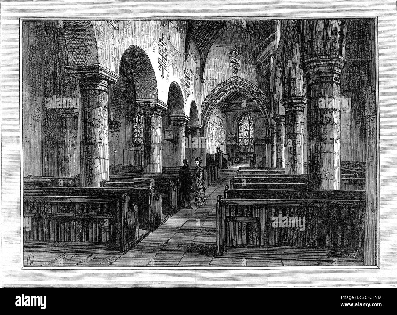 Interno della Newburn Church, dove George Stephenson si sposò nel 1881. Il 28 novembre 1802, George Stephenson sposò Fanny Henderson nella chiesa di Newburn. Illustrazione pubblicata in un supplemento speciale per celebrare il centenario della nascita di Stephenson. George Stephenson (1781-1848) è stato un ingegnere civile e ingegnere meccanico britannico, noto come il "padre delle ferrovie". La chiesa normanna di St Michael and All Angels, vicino a Newcastle upon Tyne, è un edificio storico. Da "Illustrated London News", 1881. Foto Stock