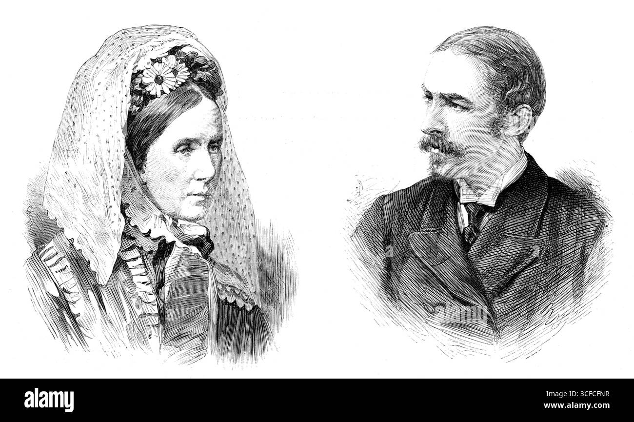 Baronessa Burdett-Coutts e Mr. W. L. Ashmead Burdett-Coutts Bartlett, 1881 anni. I nostri ritratti di Lady Burdett-Coutts e di suo marito provengono da fotografie; il primo è uno della London Stereoscopic Company. Quella del signor W. L. A. Burdett-Coutts Bartlett fu presa dal processo di luce elettrica del signor Van der Weyde, in Regent-Street... Miss Burdett-Coutts... era nota e molto stimata per l'uso generoso che fece della sua ricchezza, specialmente a Londra. Nel giugno del 1871, probabilmente come segno del rispetto della regina per uno così eminentemente gentile e caritatevole, una parìa fu conferita a questo ricco e pop Foto Stock