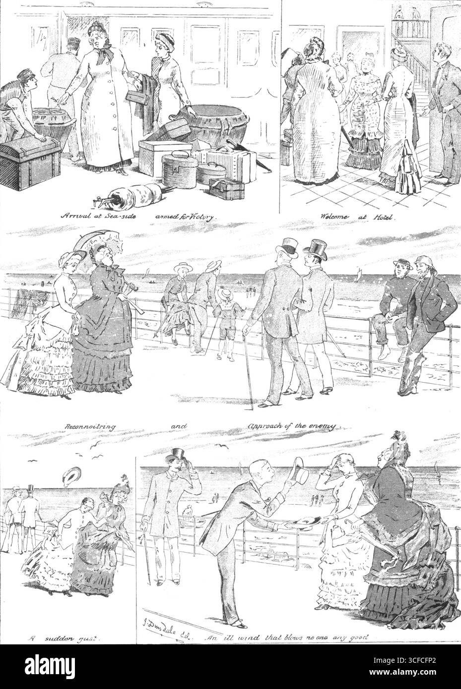 A Seaside Romance, 1883. "Arrivo a Sea-Side armato per la Vittoria; benvenuto in hotel; riconnozione e avvicinamento del nemico; Una raffica improvvisa; un vento malato che non soffia bene a nessuno”. Da "Illustrated London News", 1883. Foto Stock