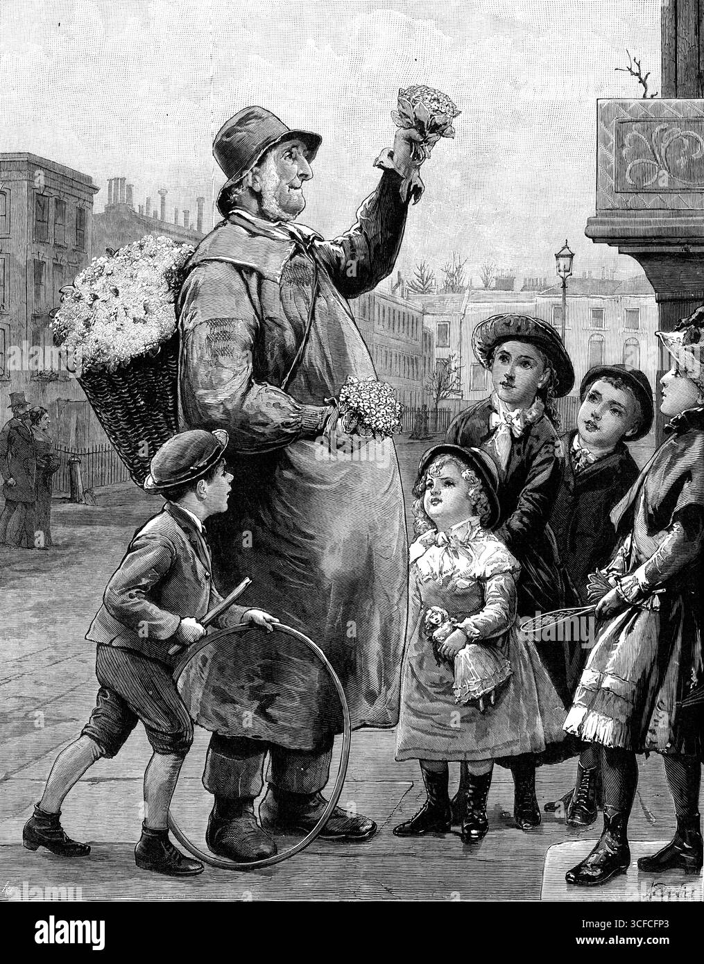Araldi della primavera, 1881. Bambini e venditori di fiori. "Ancora una volta la stagione è tornata, quando, nel bel mezzo della città affollata e faticosa, arriva un grido che ci porta lontano da mattoni e mortai, polvere e fumo, verso tranquille stradine di campagna, e ruscelli purling, e sponde "dove soffia il timo selvatico". Le grida di Londra, di regola, non sono molto simili alle voci degli angeli, e sono a malapena tali da invogliare uno a sognare l'innocenza e l'infanzia; eppure chi non è stato rinfrescato, mentre passa per le strade trafficate, ascoltando le semplici parole: "Violette, dolci violette!" E "Primros Foto Stock