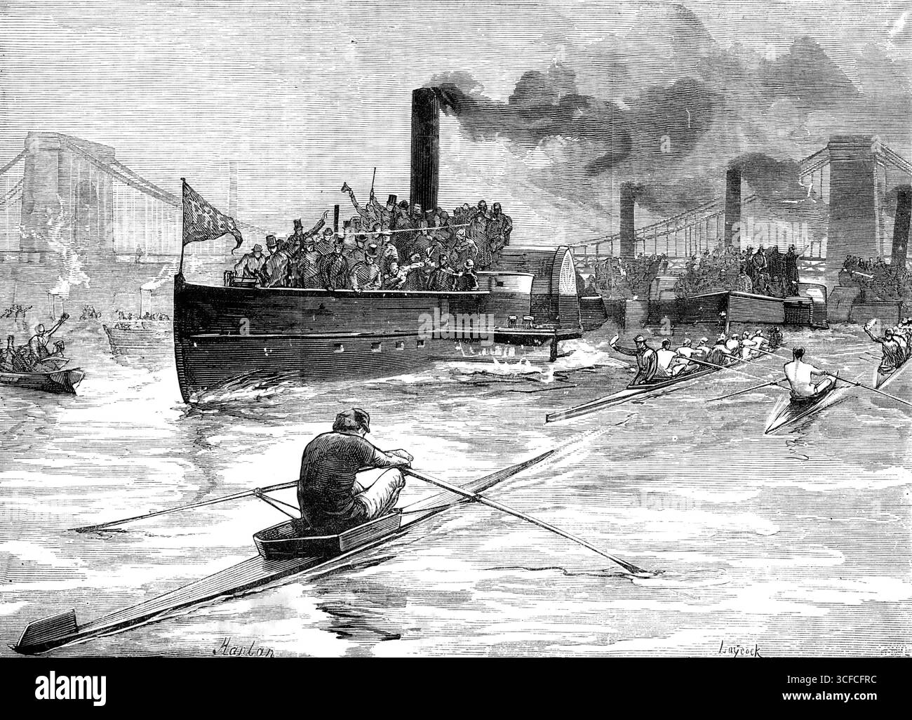 Sculling-race lunedì scorso per il Campionato del mondo, abbozzato sopra Hammersmith Bridge, 1881. 'La lunga gara differita tra Edward Hanlan, di Toronto, ed Elias C. Laycock, di Sydney, N.S.W., sul percorso del campionato del Tamigi, da Putney a Mortlake, è stata portata a lungo su un problema lunedì pomeriggio scorso, e ha portato, come era stato completamente anticipato, alla vittoria molto facile del primo, che si è assicurato un buon vantaggio alla partenza, non è mai stato diretto, e ha portato in un facile vincitore di quattro lunghezze, che avrebbe potuto fare molto di più se avesse desiderato. La partita... era per la SP Foto Stock