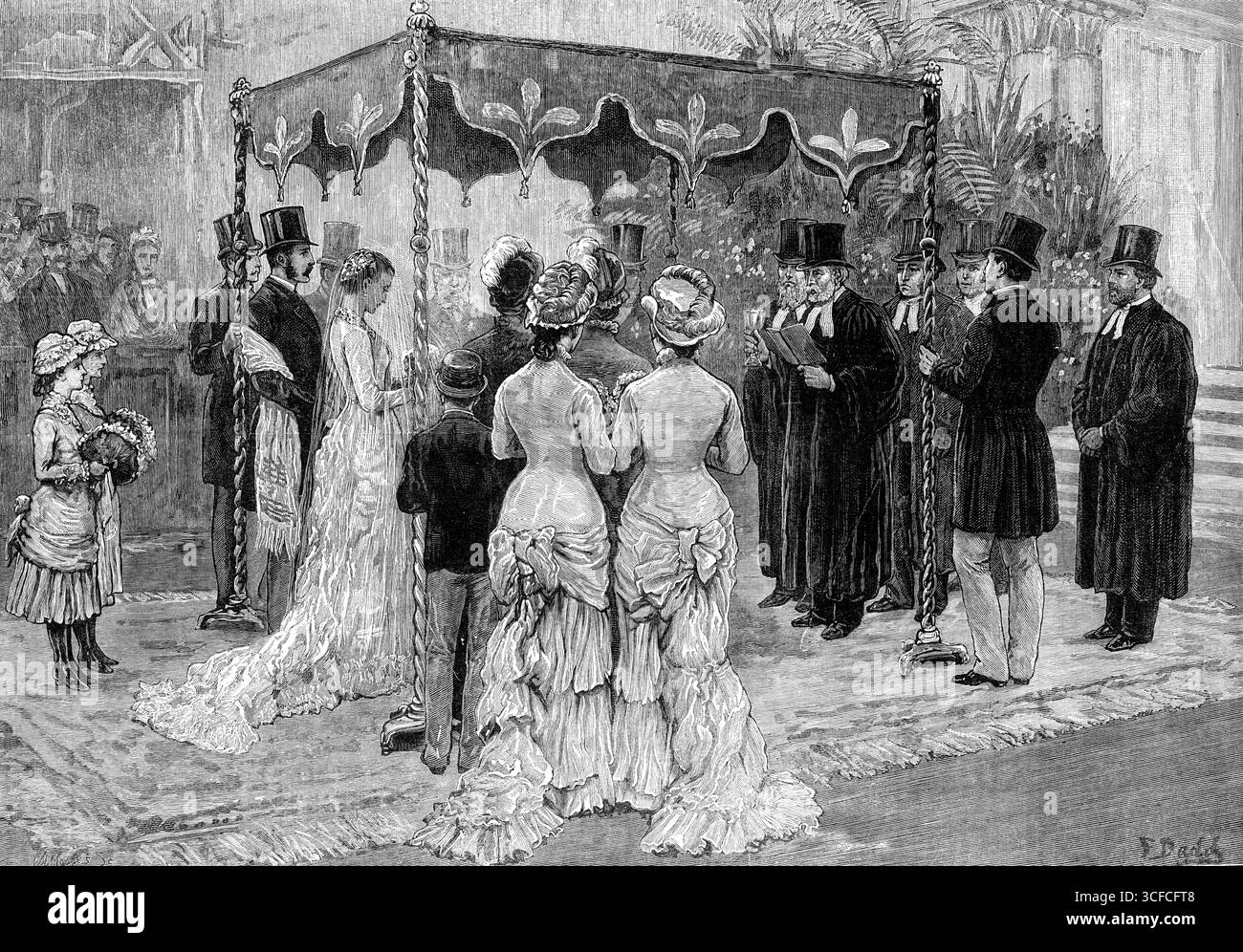 Matrimonio ebraico: Matrimonio di Leopold de Rothschild e Mdelle. Marie Perugia, 1881. Il '...impressionante e bellissimo cerimoniale...si svolse presso la Sinagoga centrale, in Great Portland-Street...tra l'arca e il banco di lettura si trovava il baldacchino nuziale, o chupa, sostenuto da quattro pali, e fu sotto questo che la cerimonia fu solennizzata...il servizio religioso...fu condotto dal Rev. A. L. Green...Mdlle. Perugia indossava raso bianco rifinito con pizzo Mechlin... il treno era di raso bianco e Mechlin Point. Il suo velo era di tulle bianco... le due giovani figlie di Sir Charles Forb Foto Stock