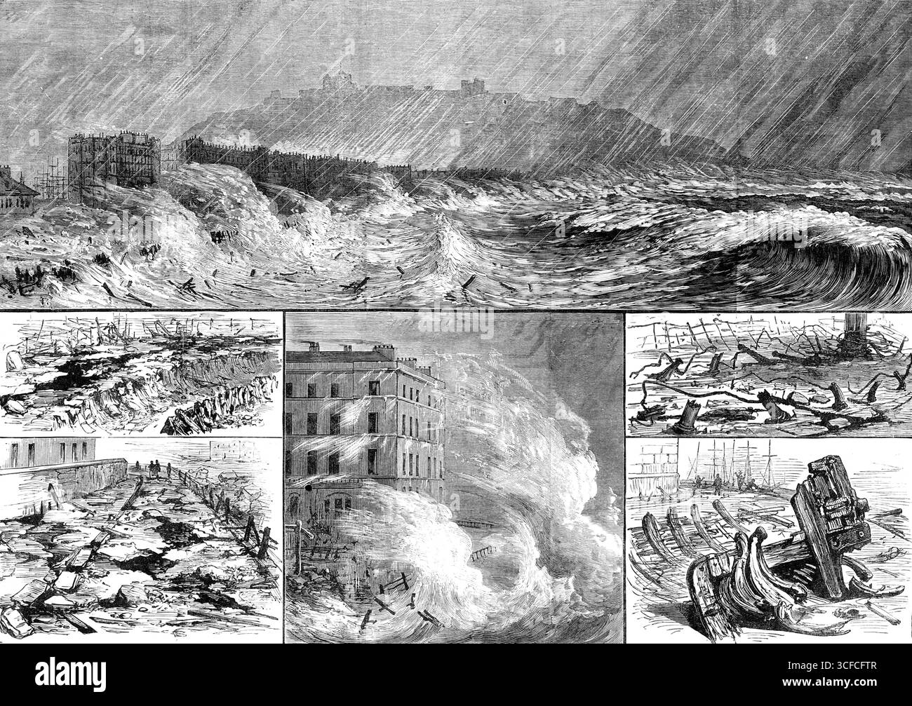 La tempesta a dover, martedì 18 gennaio 1881. 'Sul molo dell'Ammiragliato dopo la tempesta; relitti gettati sul molo dal mare; Un Drencher al Lord Warden; la Parata dopo la tempesta...[Scene da] la grande tempesta del vento orientale e della neve...si sentiva allo stesso modo... sulla costa della Manica e nel Solent, fino a Ryde...a dover, prima di mezzogiorno, il vento era salito a un uragano e, provenendo dal sud-est, soffiava fino al porto, facendo grandi danni. Tre rapinatori di dover sono stati schiacciati agli atomi contro le banchine, i loro frammenti bloccano la strada pubblica. A potenza elevata Foto Stock