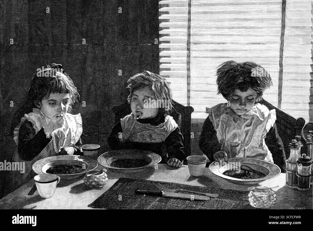 In The Nursery: Tottie, Tot, and Toozles - da una fotografia di J. Thomson, 1881. Io dico, Tot! Ora non pensate di voler mangiare e bere da un cucchiaio e una tazza d'oro, e da un piatto di piatto d'argento, non zuppa sottile e porridge freddo, qualcosa di carino e deli-cate: 'Tumelle taliane, torrone, creme, Choca'lat's, strawb'ries, torta piccante; e vi chiedete cosa prenderete? Non sei bloccato nei vivai, ma per sederti come vuoi tu, 'Stead di cene come queste? Non per fare la colazione, ma per le cose lì, e ci vuole un po' quando sembra che ti piaccia; quando non lo fai, - per andare a giocare, - un sacco di giocattoli Foto Stock