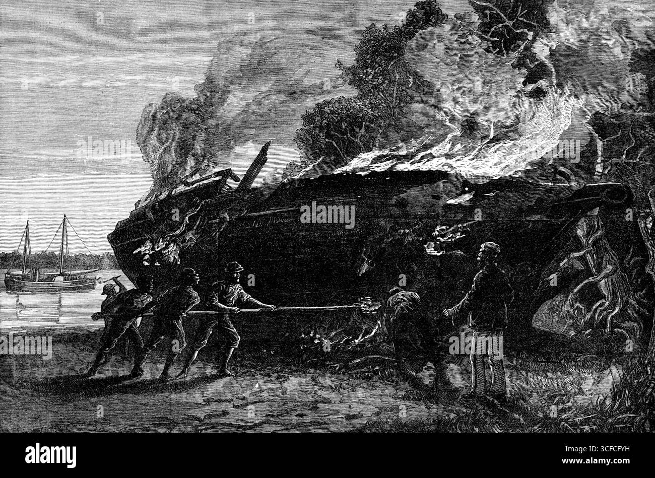 Bruciare un dhow di schiavi condannato a Funzi, Isola di Pemba, 1881. "Un altro degli schizzi del nostro artista speciale a Zanzibar, Mr. J. Bell, è ora inciso... rappresenta l'incendio di un dhow di schiavo condannato a Funzi, nell'isola di Pemba,...[Zanzibar]". Il capitano Charles James Brownrigg, alto ufficiale della Royal Navy presso la stazione dell'Africa orientale per la soppressione del contrabbando del commercio degli schiavi, fu ucciso dai commercianti arabi di schiavi a Pemba, Zanzibar. Da "Illustrated London News", 1881. Foto Stock