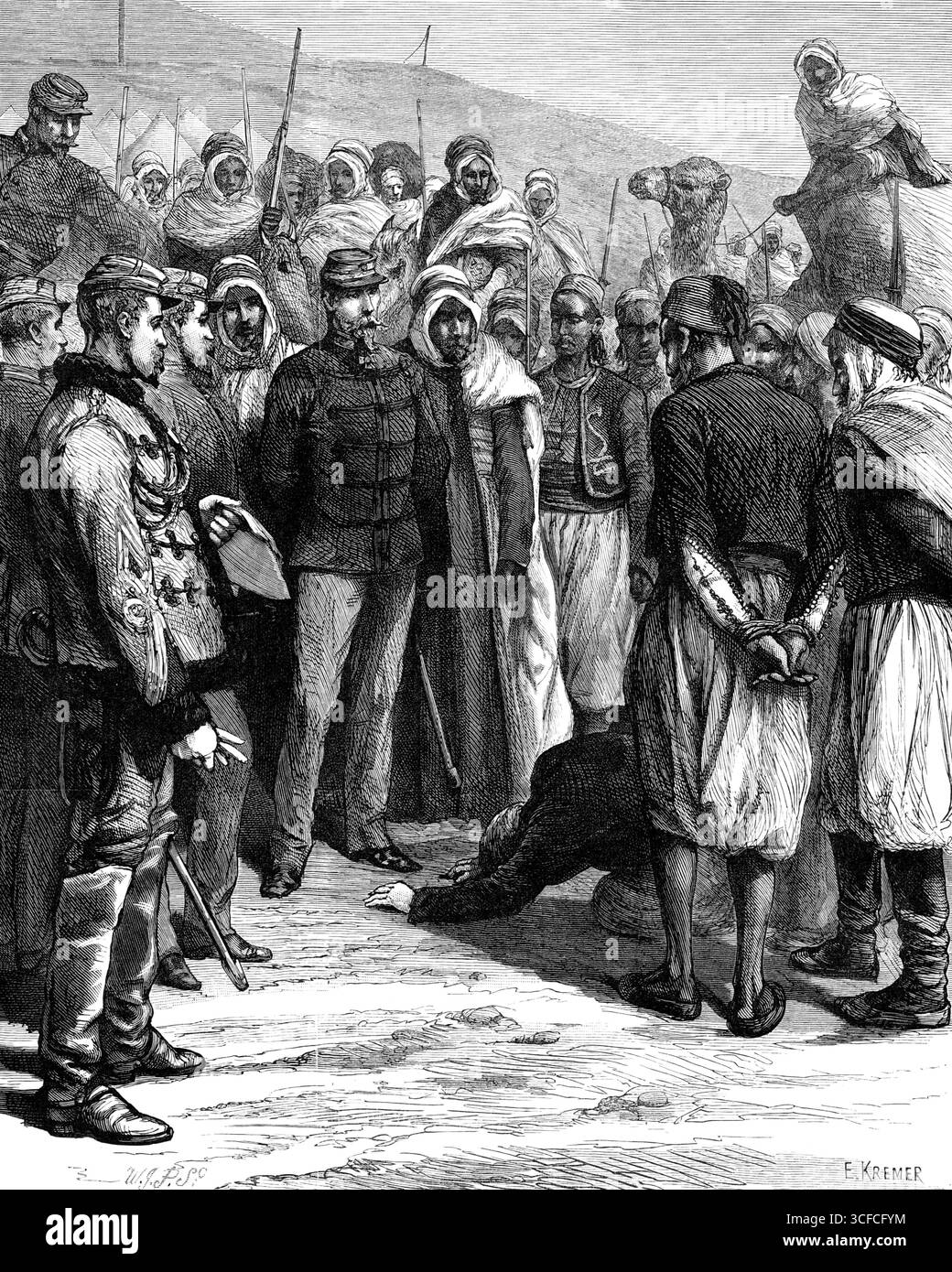 I francesi a Tunisi: Una sentenza di morte militare, 1881. "Un corrispondente francese con l'esercito a Tunisi contribuisce allo schizzo di uno dei due arabi, che era stato catturato mettendo un'enorme pietra sulla ferrovia vicino a Tebourba, portato il giorno dopo davanti al generale Japy, per un processo sommario e la condanna a morte. L'ingegnere sovrintendente della ferrovia Bona-Guelma era presente, con lo staff del generale. A causa dei numerosi tentativi di fermare le comunicazioni ferroviarie a Tunisi, il comandante in capo francese aveva dato istruzioni di sparare a tutti gli arabi presi nell'atto di distruggere la ferrovia. Un treno Foto Stock