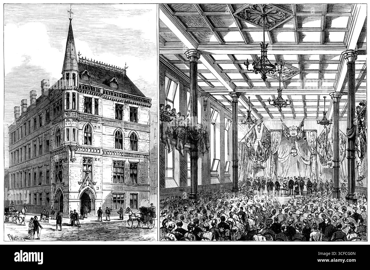 City of London College: Nuovo edificio a White-Street; The Prince and Princess of Wales, 1883. "Il City of London College è stato fondato, trentacinque anni fa, dagli sforzi del Rev. Prebendario Mackenzie e di altri gentiluomini interessati al benessere delle molte migliaia di giovani impegnati in uffici e case di affari nella città; non solo per permettergli un luogo di villeggiatura e occupazione dopo l'orario di lavoro, ma anche per il progresso della loro istruzione, e per consentire loro di ottenere miglioramenti nei vari rami della scienza, della letteratura e dell'arte, che potrebbero essere di ser Foto Stock