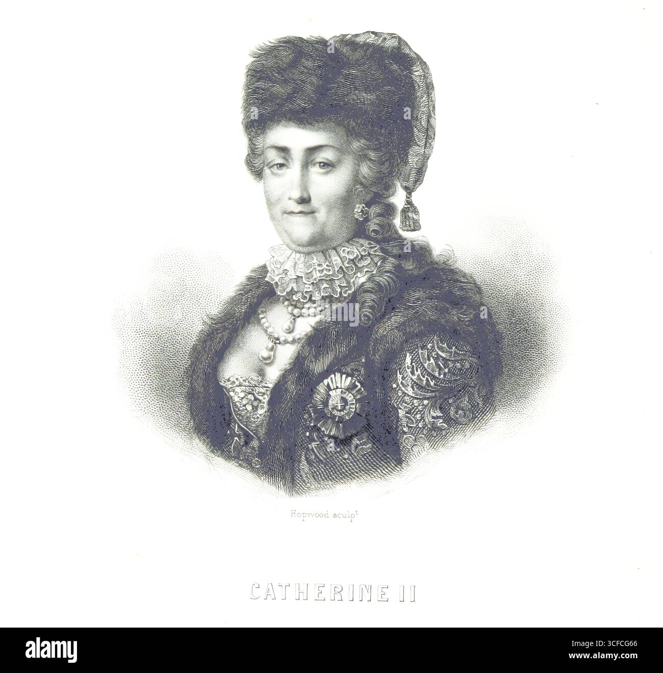 Caterina II, 1855 anni. Ritratto di Caterina la grande di Russia, che indossa un cappello di pelliccia, un ruff di pizzo e collane di perle. Pagina 364 da "la Russie ancienne et moderne, d'après les chroniques nationales, etc" [Russia antica e moderna, secondo National Chronicles, etc], di Alfred Jacobs e Charles Romey, [1855]. Foto Stock