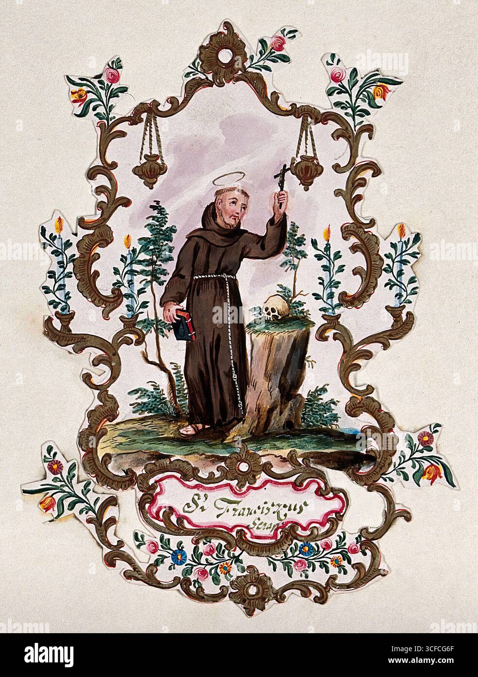 San Francesco d'Assisi, in una cornice rococò, con una Bibbia e un crocifisso. Foto Stock