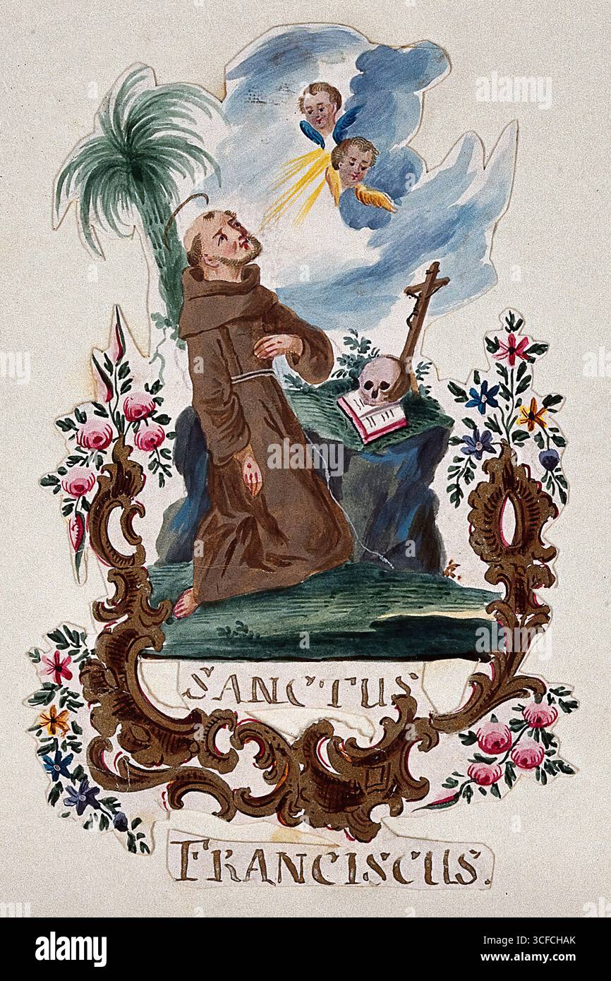 San Francesco d'Assisi, inginocchiato, riceve le stigmate. Foto Stock