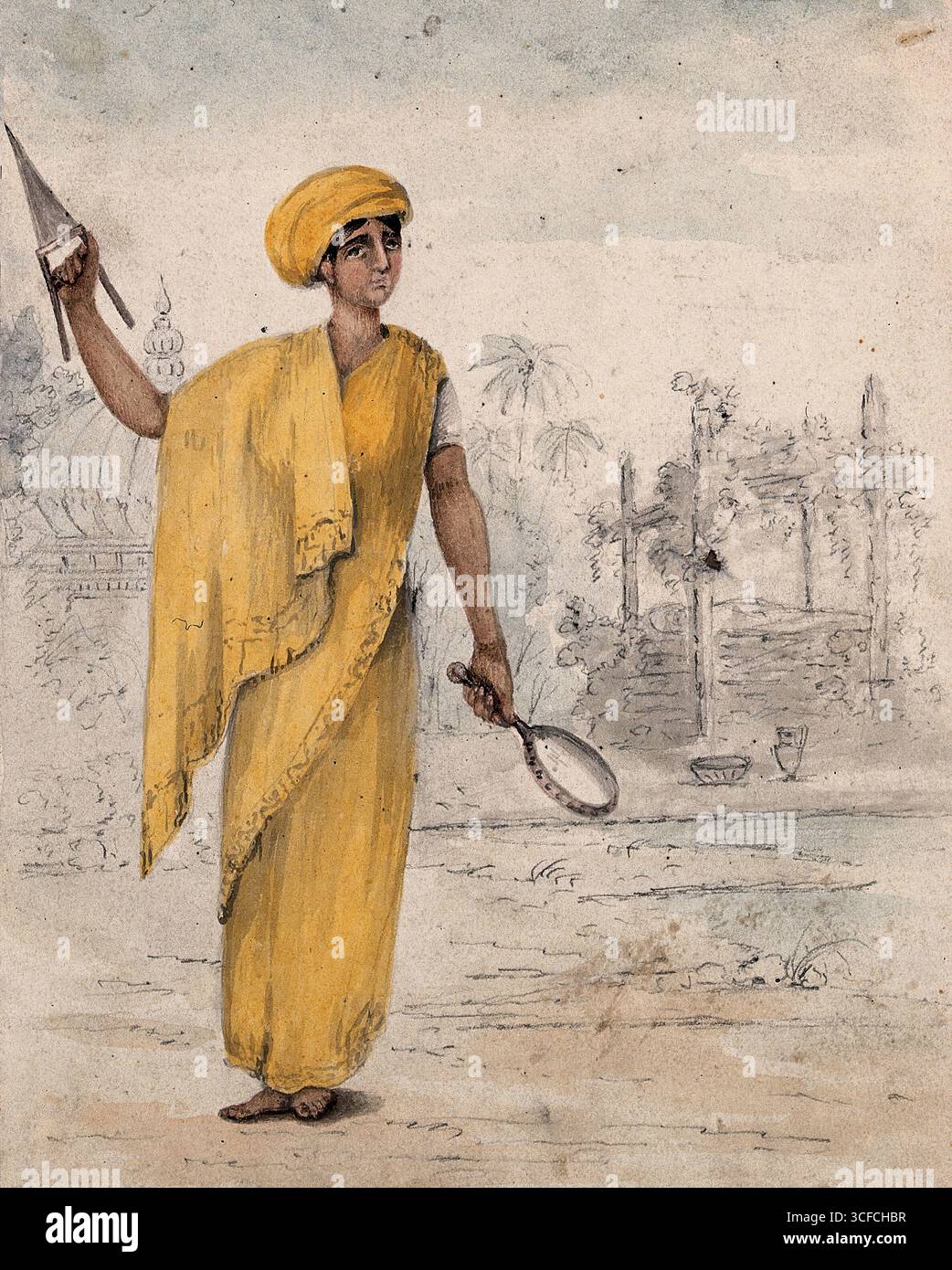 Una donna indiana, in procinto di essere bruciata sulla pira funeraria del marito morto, 1814. Sembra che abbia in mano un katar, un tipo di pugnale. Foto Stock