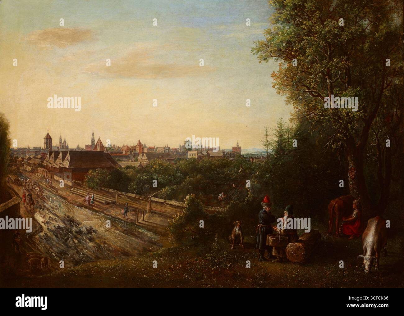 Vista di Cracovia, 1652. Ulteriori informazioni: Questo dipinto presenta un vasto panorama di Cracovia che mostra i suoi edifici caratteristici, come la chiesa di Santa Maria e il Wawel da una prospettiva nord-occidentale, dai sobborghi situati nell'area delle odierne vie Karmelicka e Dluga. In primo piano, l'artista ha dipinto una piccola scena di genere raffigurante un gruppo di persone, forse mercanti diretti in città, e una donna con una mucca. È uno dei primi dipinti di una vista di Cracovia. Foto Stock