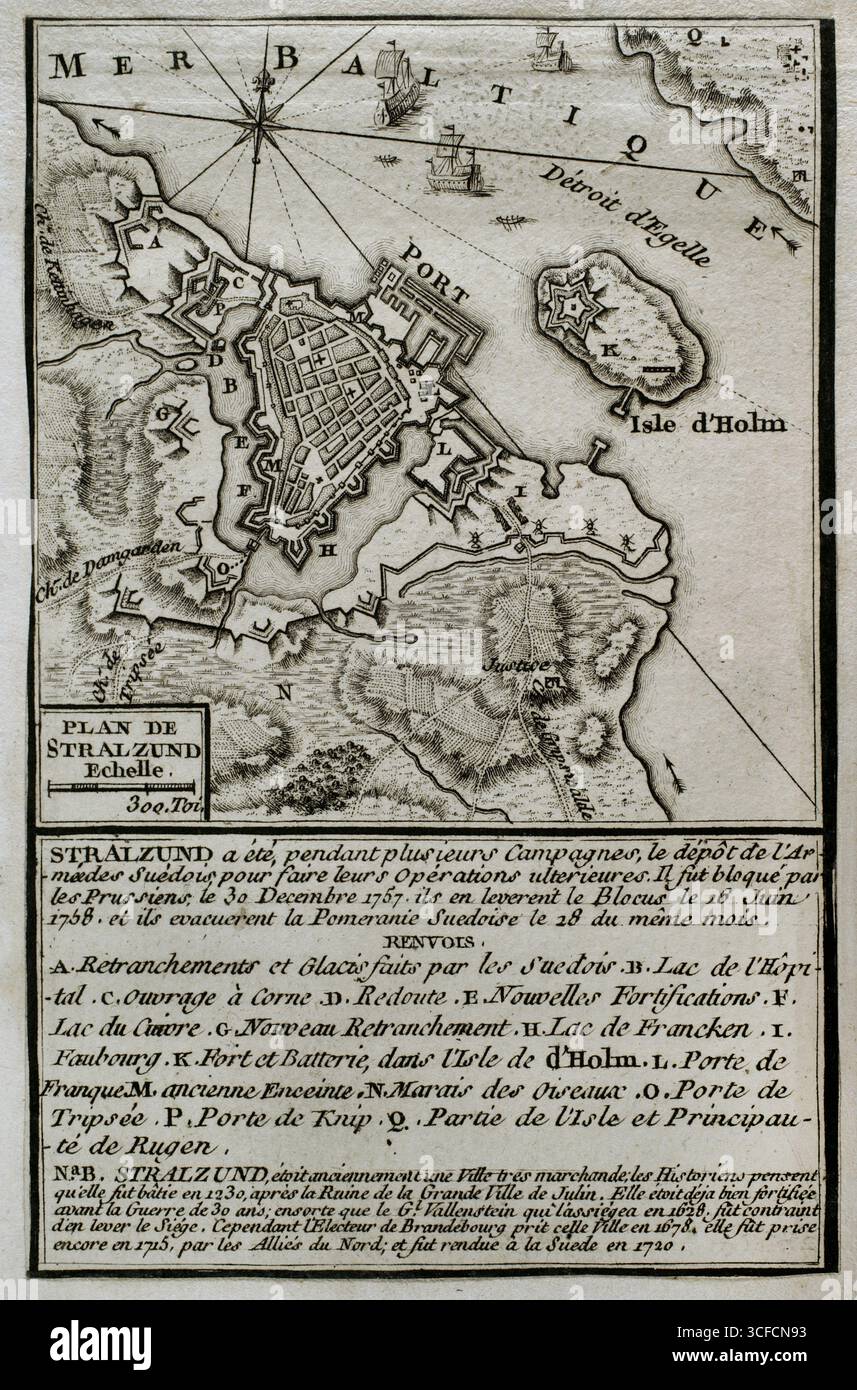 Guerra dei sette anni (1756-1763): Guerra della Pomerania - Mappa di Stralsund - blocco di Stralsund (30 dicembre 1757 - 16 giugno 1758), 1765. Blocco di Stralsund (30 dicembre 1757 - 16 giugno 1758). Le truppe prussiane circondarono la guarnigione svedese di Stralsund (capitale della Pomerania svedese). I prussiani non potevano isolare la città via mare perché mancavano di una flotta, ma la tagliarono e la bloccarono via terra il 30 dicembre 1757. Infine, il blocco fu sollevato il 16 giugno 1758, quando la maggior parte delle forze prussiane furono ritirate per rafforzare le azioni militari altrove. Pubblicato nel 1765 dal c Foto Stock