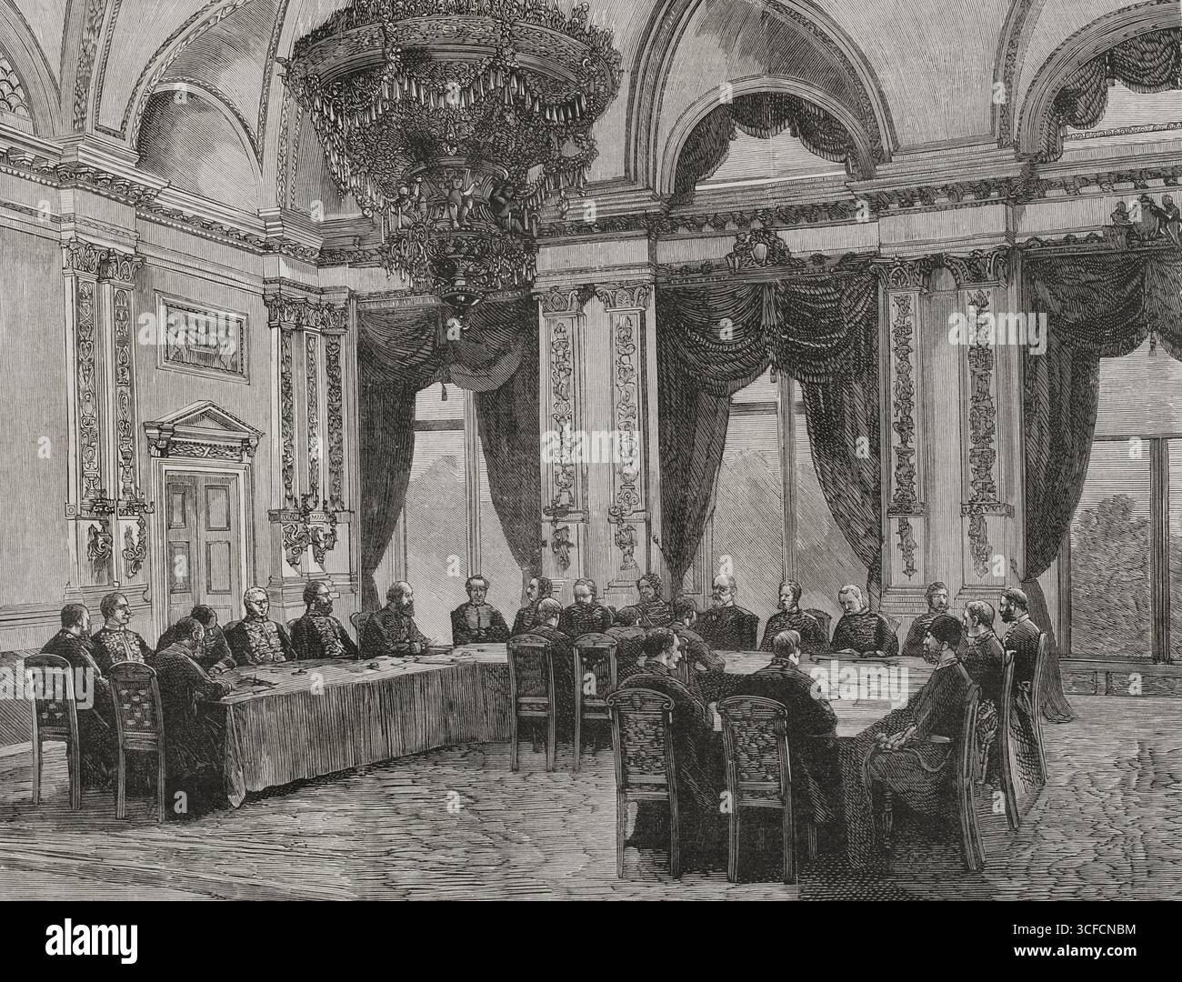 Prima sessione del Congresso, Congresso di Berlino, 13 giugno 1878 (1878). Tenuto presso il Palazzo Radziwill, la nuova residenza ufficiale del Principe di Bismarck (Palazzo della Cancelleria dell'Impero tedesco). È stata discussa la soluzione delle molteplici questioni della questione orientale. Le potenze europee di Germania, Austria-Ungheria, Francia, Gran Bretagna, Italia, la Russia e l'Impero ottomano parteciparono. Da "la Ilustraci&#xf3;n Espa&#xf1;ola y americana", 1878. Foto Stock