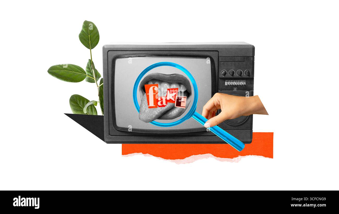 Collage surreale con TV vintage che mette in risalto la bocca con lettere che formano la parola finta con la lente di ingrandimento Foto Stock