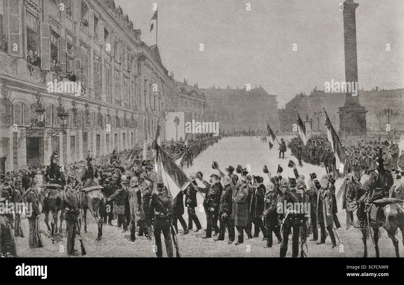 Caso Dreyfus: Dimostrazione patriottica in onore del generale Saussier, Parigi, Francia, 1898. Parade of the Patriotic Societies in the Place Vend&#xf4;me. Da "la llustraci&#xf3;n Espa&#xf1;ola y americana", 1898. Foto Stock
