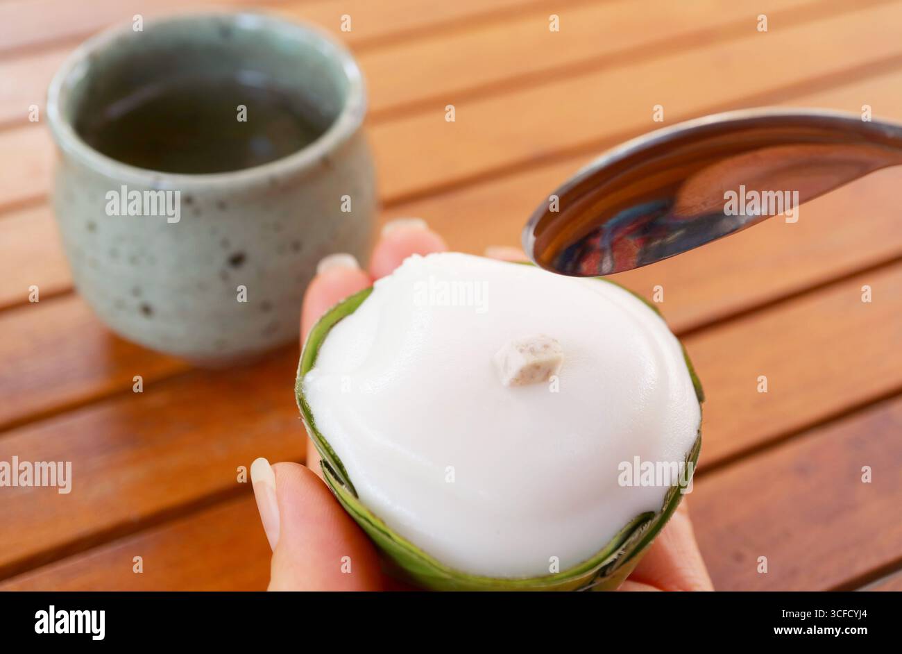 Primo piano di Khanom Tako, tradizionale budino tailandese di cocco a due strati Foto Stock