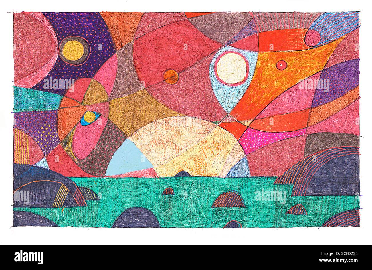 Illustrazione geometrica astratta con colori vivaci e pattern circolari. Foto Stock