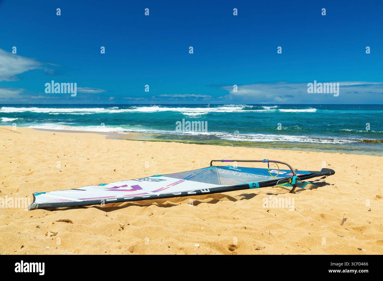 La tavola da windsurf si appoggia su una spiaggia sabbiosa sotto un cielo azzurro limpido con le onde dell'oceano sullo sfondo. Parco sulla spiaggia di Hookipa, Maui, Hawaii Foto Stock