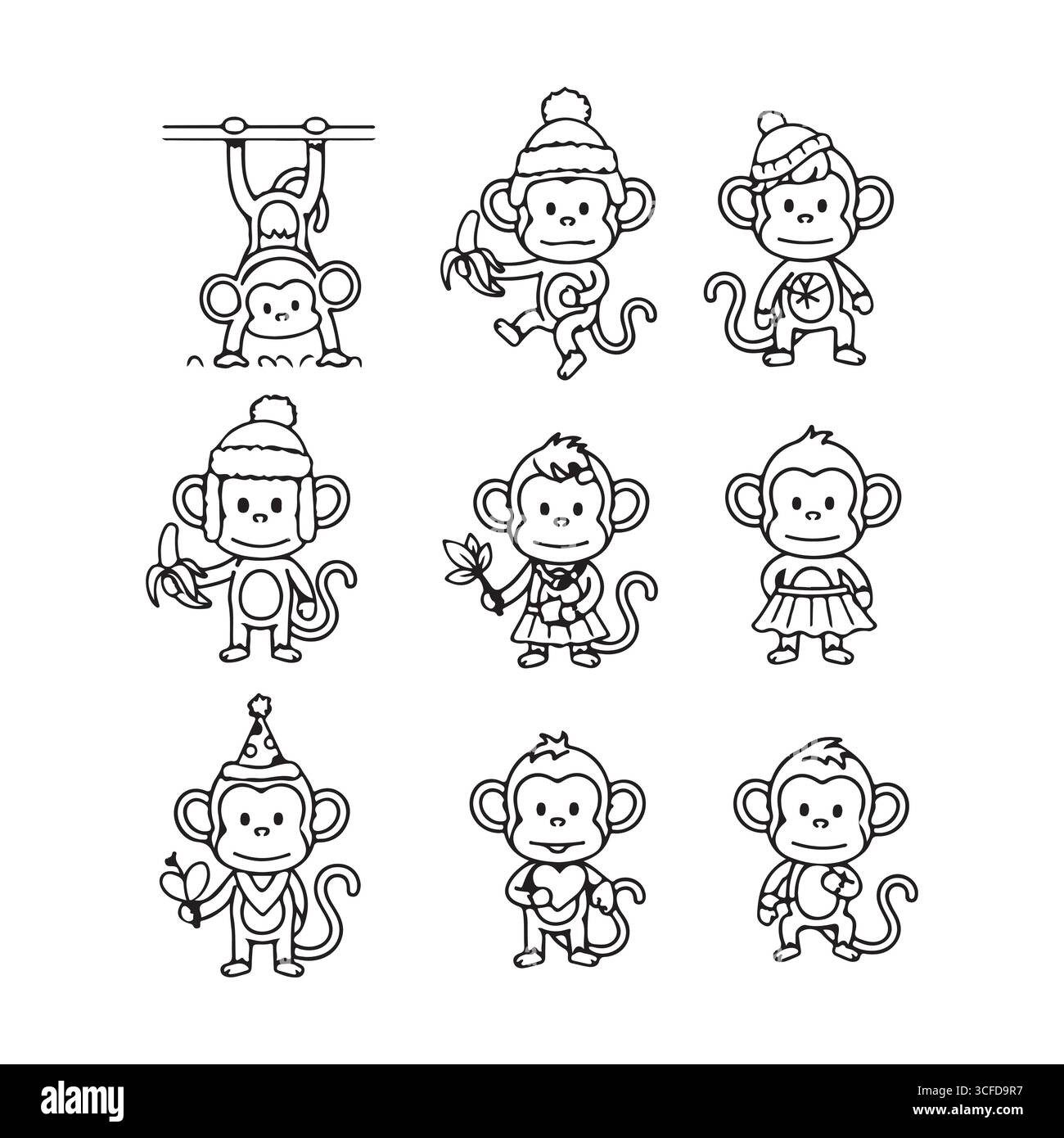 Affascinante collezione di nove simpatiche scimmie cartoni animati in varie pose giocose Illustrazione Vettoriale