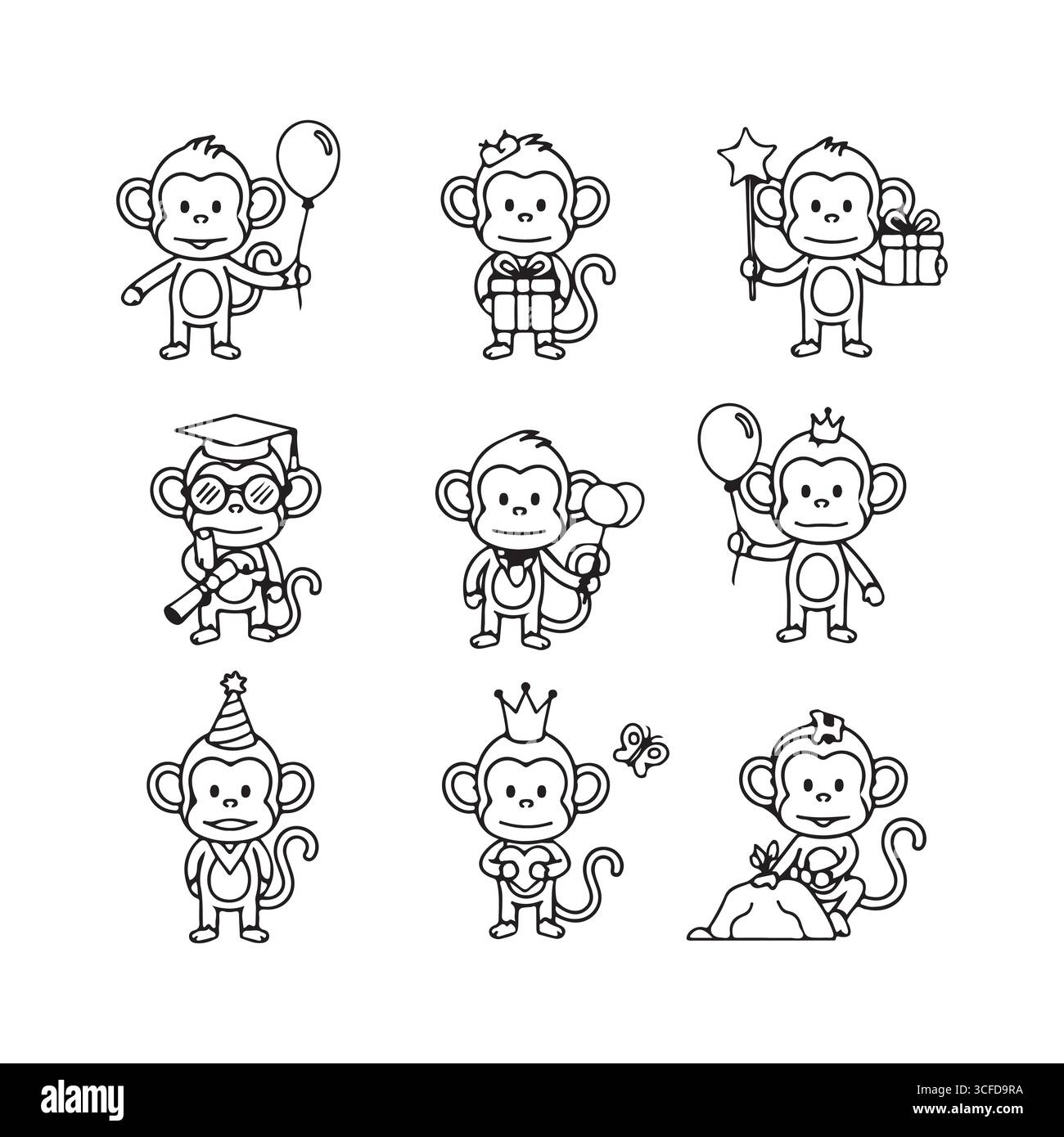 Affascinante collezione di nove simpatiche scimmie cartoni animati in varie pose giocose Illustrazione Vettoriale