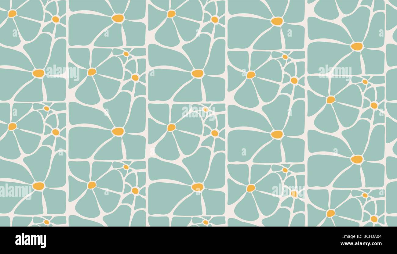 Colorato motivo hippie retrò senza cuciture con motivi floreali e fiori in stile Matisse. Design a cartoni animati piatto per superfici, tessuti, stampe e. Illustrazione Vettoriale