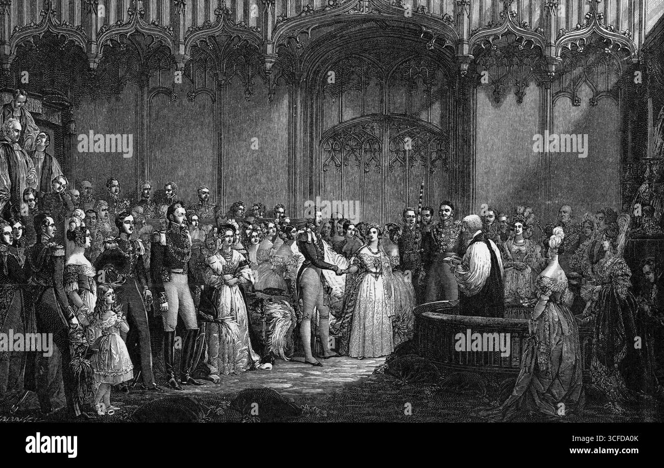 Il matrimonio della regina Vittoria e del principe Alberto a St James's Palace, Londra, 1840; la coppia viene mostrata tenendosi per mano davanti al chierico che esegue il servizio, circondato da spettatori. Foto Stock
