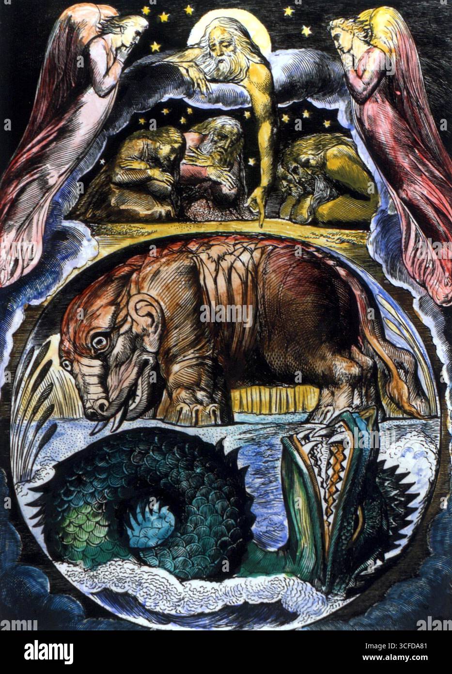 Behemoth e Leviathan (c.1793) le forme demoniache di Behemoth e Leviathan da "illustrazioni al libro di Giobbe" di William Blake, 1825. Il serpente avvolto è Leviathan, la forma di Behemoth basata sull'esegesi biblica - ©2006 TopFoto Foto Stock