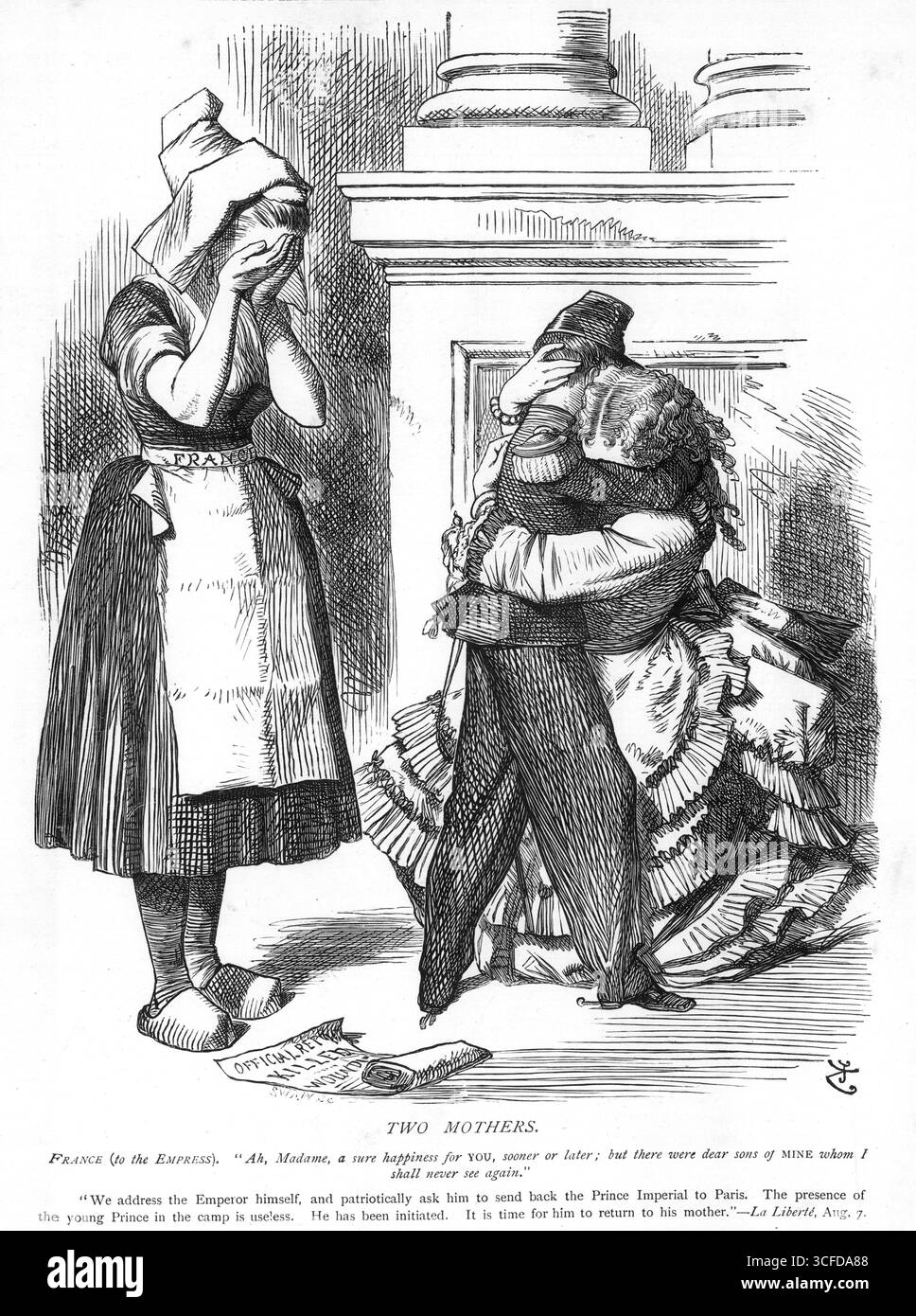 DUE MADRI.Francia (all'imperatrice): Ah, Madame, una certa felicità per VOI, prima o poi; ma c'erano miei cari figli che non vedrò mai più. “Ci rivolgiamo all’Imperatore stesso e gli chiediamo patriotticamente di rimandare il Principe Imperiale a Parigi. La presenza del giovane Principe nel campo è inutile. E' stato iniziato. E' ora che ritorni da sua madre. - La Liberte, 7 agosto 1870 23 luglio 1870 in un proclama imperiale emesso oggi l'Imperatore dei francesi accusò la Germania di aver provocato la guerra, alla quale la Francia entrò perché desiderava 'conquistare un ultimo Foto Stock