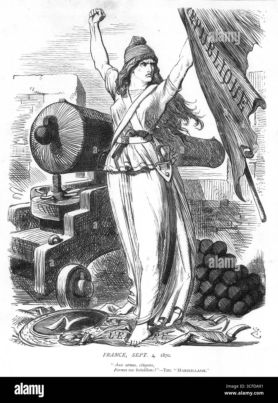 FRANCIA, SETTEMBRE 4, 1870. "Aux armes, citoyens, former vos bataillons" - la "Marsigliese". 4 settembre 1870 oggi è scoppiata una rivoluzione a Parigi. L'imperatore fu formalmente deposto, un governo provvisorio di difesa nazionale istituito sotto la presidenza del generale Trochu, con Gambetta, Jules Favre e Jules Ferry tra i suoi membri principali. Il 5 la Repubblica fu ufficialmente proclamata. Foto Stock