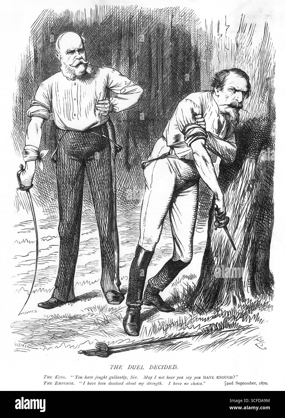 THE DUELThe King: Avete combattuto valorosamente, signore. Posso non sentirti dire che NE HAI ABBASTANZA? L'Imperatore: Sono stato ingannato per la mia forza. Non ho scelta. - 2 settembre 1870 1 settembre, una serie di combattimenti disperati intorno a Sedan. I francesi tentarono sempre di rompere il cerchio che era stato disegnato intorno a loro dall'abilità di von Moltke, ma invano. Furono spinti a rifugiarsi sotto le mura della città fortificata. La città fu bombardata. Il colonnello Von Broussart con una bandiera di tregua chiese la resa dell'esercito e della fortezza. L'Imperatore in persona ha ricevuto un saluto Foto Stock