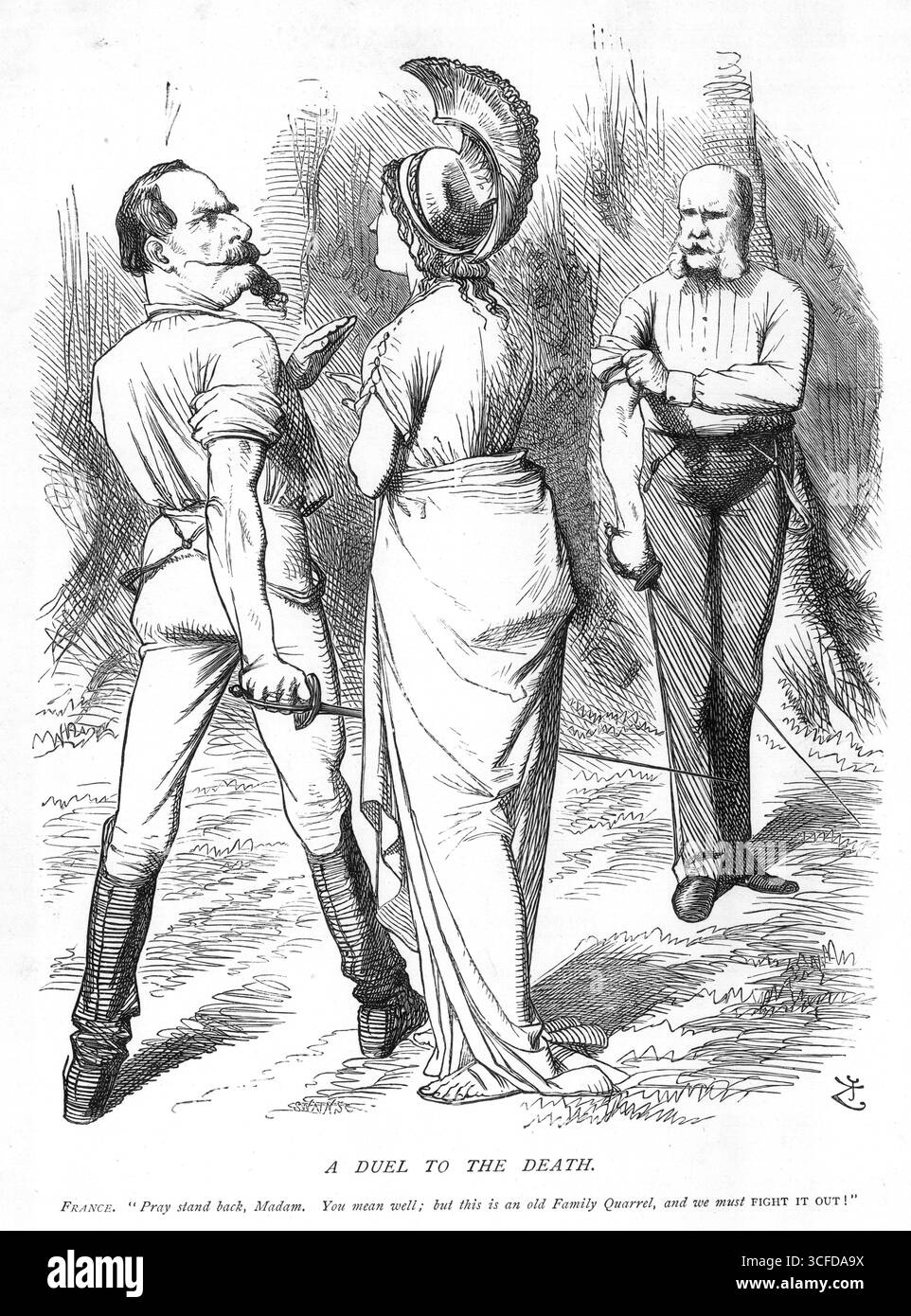 Un DUELLO FINO ALLA MORTE.Francia: Pregate indietro, signora. Hai buone intenzioni; ma questa è una vecchia lite familiare, e dobbiamo combatterla! Il 5 luglio 1870, il giorno in cui Lord Granville iniziò le sue funzioni di ministro degli Esteri, gli fu detto dal Sottosegretario di Stato permanente che in tutta la sua esperienza non aveva mai conosciuto una tale pausa negli affari esteri. Fu la pausa prima della tempesta, prima dello scoppio della terribile guerra tra Francia e Prussia. Il 30 giugno, M. Ollivier, rispondendo ad una domanda di M. Jules Favre, aveva detto: "In nessun momento la pace dell'Europa era più sicura". Tuttavia il grande Foto Stock