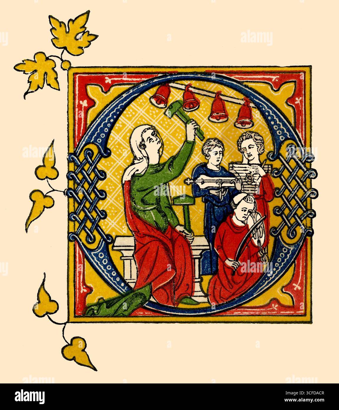 Lettera maiuscola o - lettera iniziale tratta da un grande volume manoscritto molto fine del XIV secolo, nel British Museum (MS Burney, No 275), contenente alcuni dei principali trattati scientifici di Prisciano, Boezio, Euclide e Tolomeo. E' pieno di iniziali luminose belle e interessanti. Questo rappresenta un gruppo di musicisti. Uno sta suonando sulle campane, che in precedenza sembrano essere stati gli strumenti preferiti della musica ecclesiastica. L'uso di queste sostanze rimane ancora nelle "campane" della nostra chiesa. Nei vecchi manoscritti il re Davide non è raramente rappresentato giocando sulle campane. Foto Stock