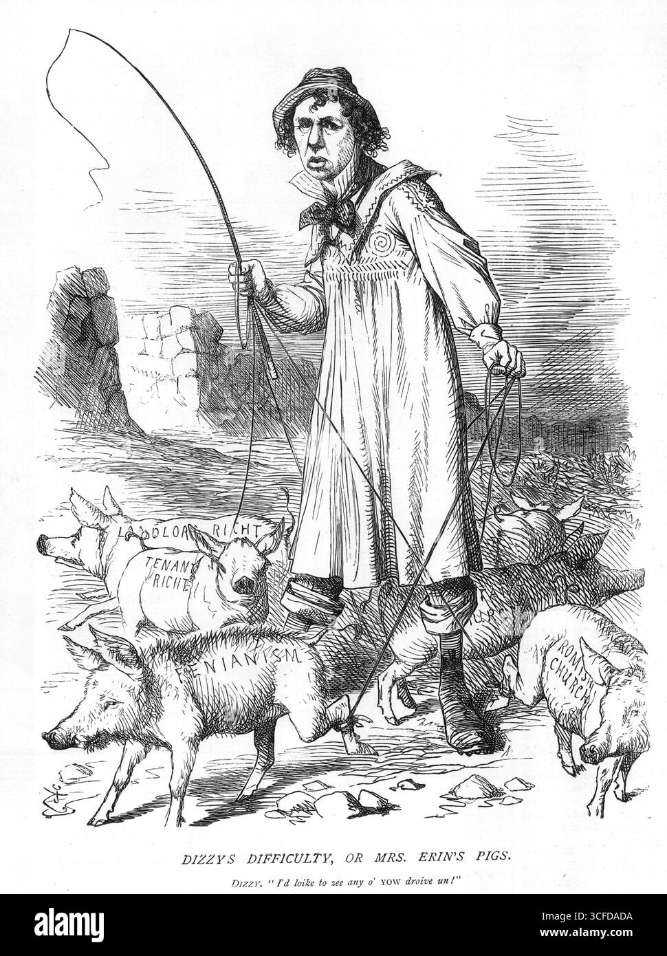 DIFFICOLTÀ DIZZZYS, O MRS. ERIN'S Pigs.Dizzy. ' Mi piacerebbe vedere qualsiasi o' yow droive un!' Il 10 marzo 1868 stasera ha dato inizio al grande dibattito irlandese. Il signor Maguire aveva proposto che il Parlamento si risolvesse in una commissione per prendere in considerazione immediatamente la condizione dell'Irlanda. Lord Mayo, capo segretario per l'Irlanda, dichiarò, in un discorso di tre ore, la politica irlandese del governo. Il signor Horsman ha sintetizzato la dichiarazione in tre parole: INERZIA, PROCRASTINAZIONE, RETROGRESSIONE. Non si doveva fare nulla con la Chiesa irlandese fino a quando la seduta della Commissione avrebbe dovuto riferire, e questo ha detto un me Foto Stock