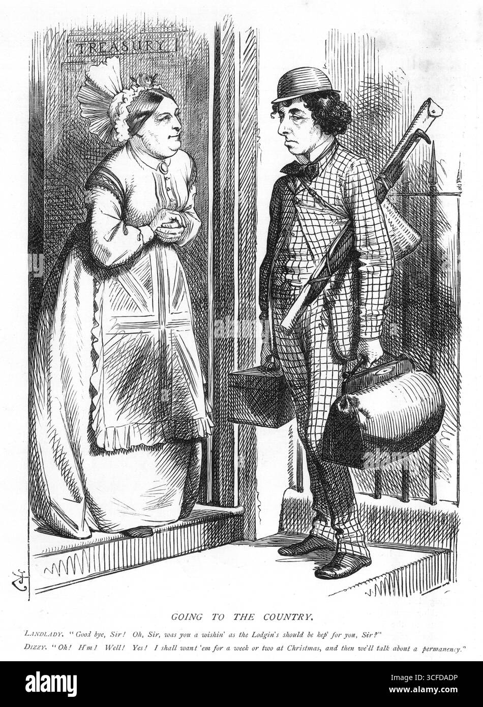 ANDIAMO IN CAMPAGNA.Landlady: Addio, signore! Oh, signore, era un desiderio come i Lodgin dovrebbero essere kep per lei, signore? Vertigini: Oh! Ah! Bene! Sì! Li voglio per una settimana o due a Natale, e poi parleremo di una permanenza. 31 luglio 1868 entrambe le camere si sono riunite per separarsi. L'ultimo Parlamento eletto in base al Reform Bill del 1832 era questo giorno chiuso. Foto Stock